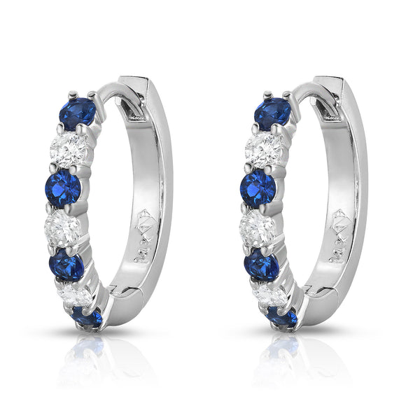14K White Gold Blue Sapphire & Diamond (0.30 Ct, G-H Color, SI2-I1 Clarity) Hoop Earrings