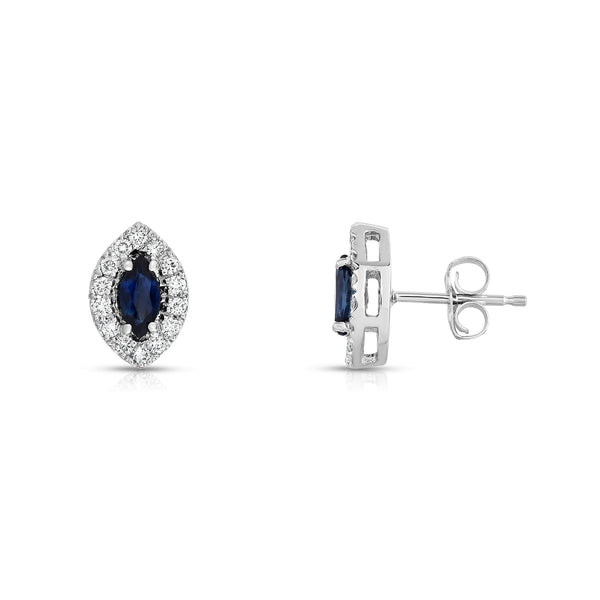 14K White Gold Blue Sapphire and Diamond (1/4 Ct, G-H Color, SI2-I1 Clarity) Marquise Shape Earrings