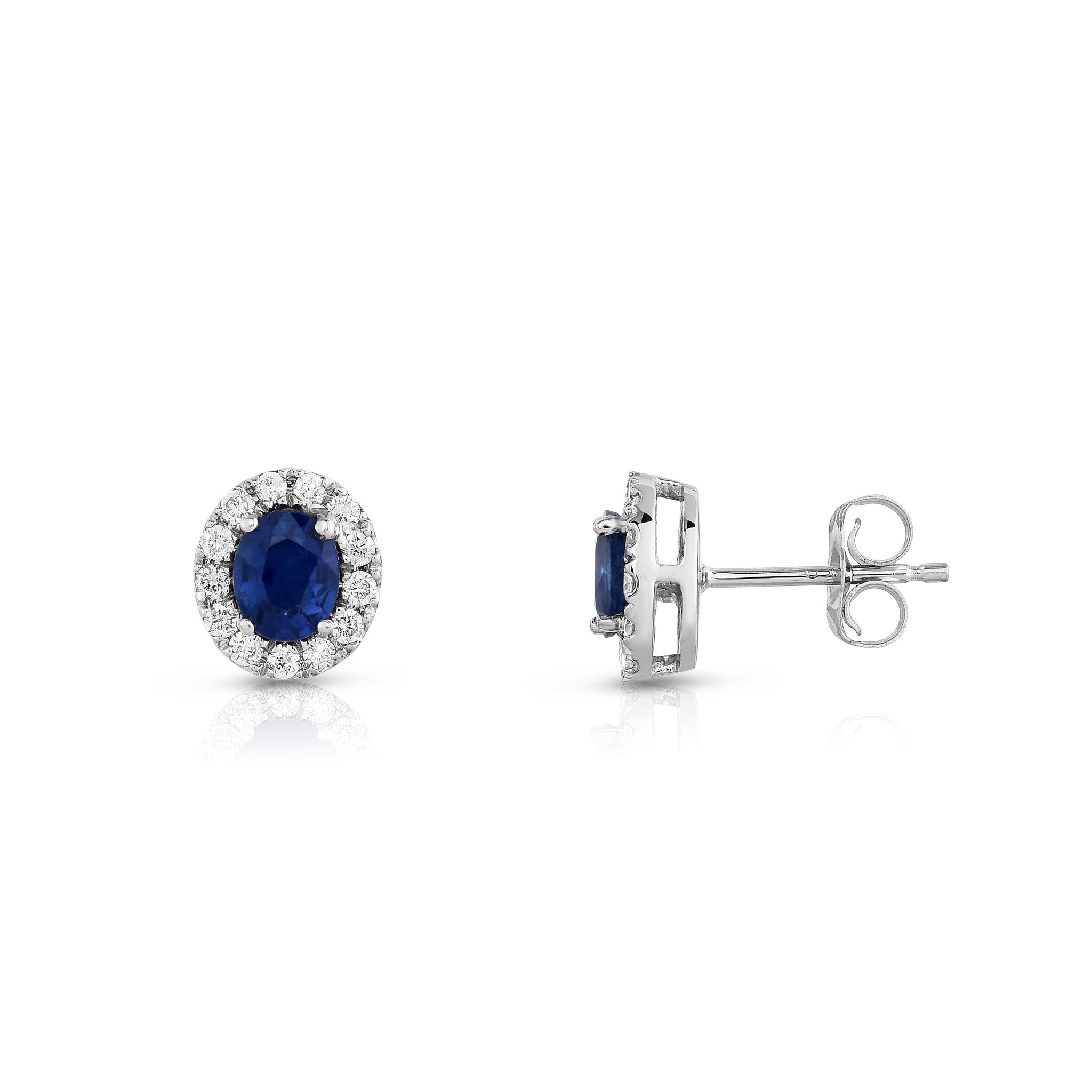 Blue Sapphire and 0.25Ct Diamond Oval Shape Earrings in 14K White Gold