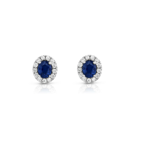 14K White Gold Blue Sapphire and Diamond (1/4 Ct, G-H Color, SI2-I1 Clarity) Oval Shape Earrings