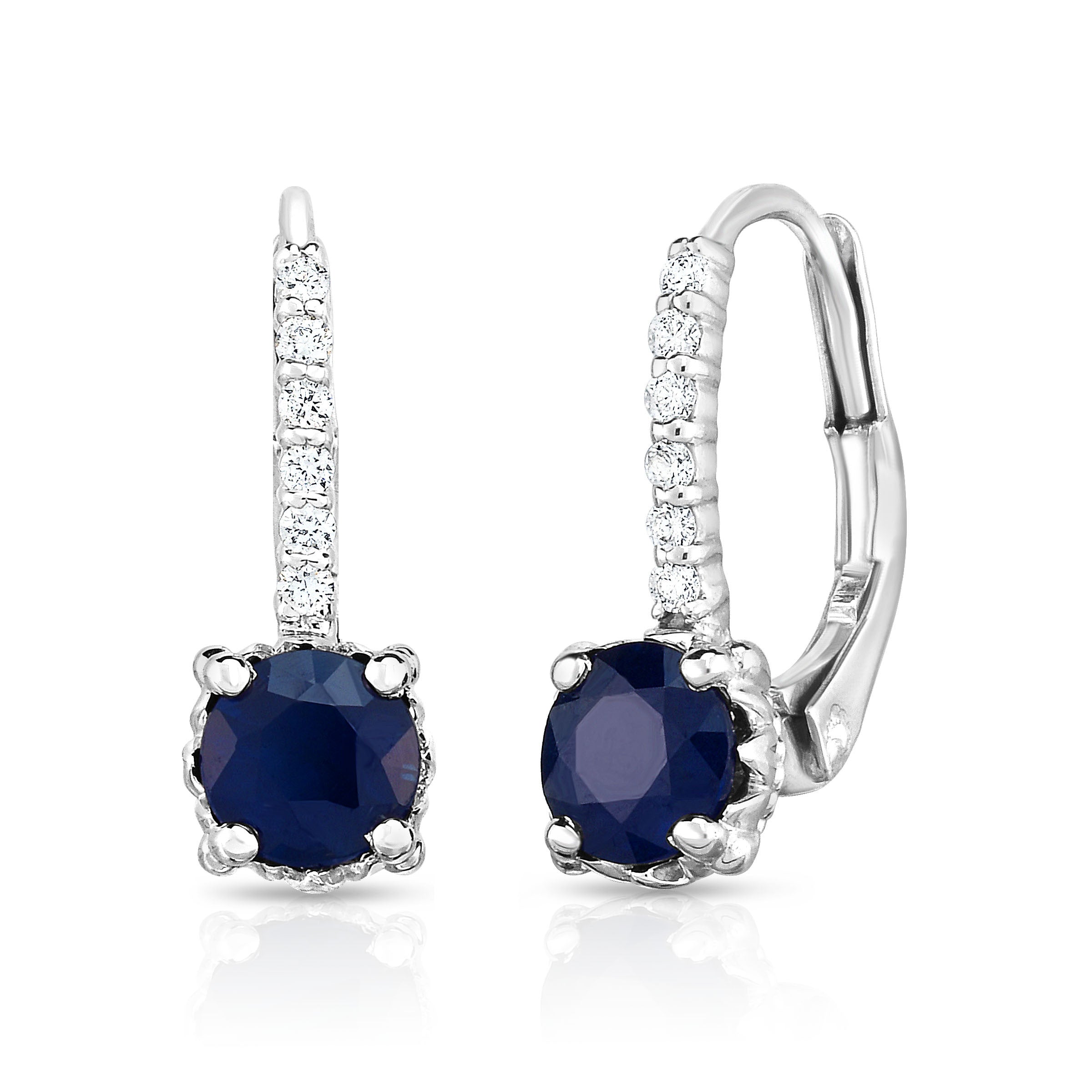 Blue Sapphire & 0.08Ct Diamond Leverback Earrings in 14K White Gold