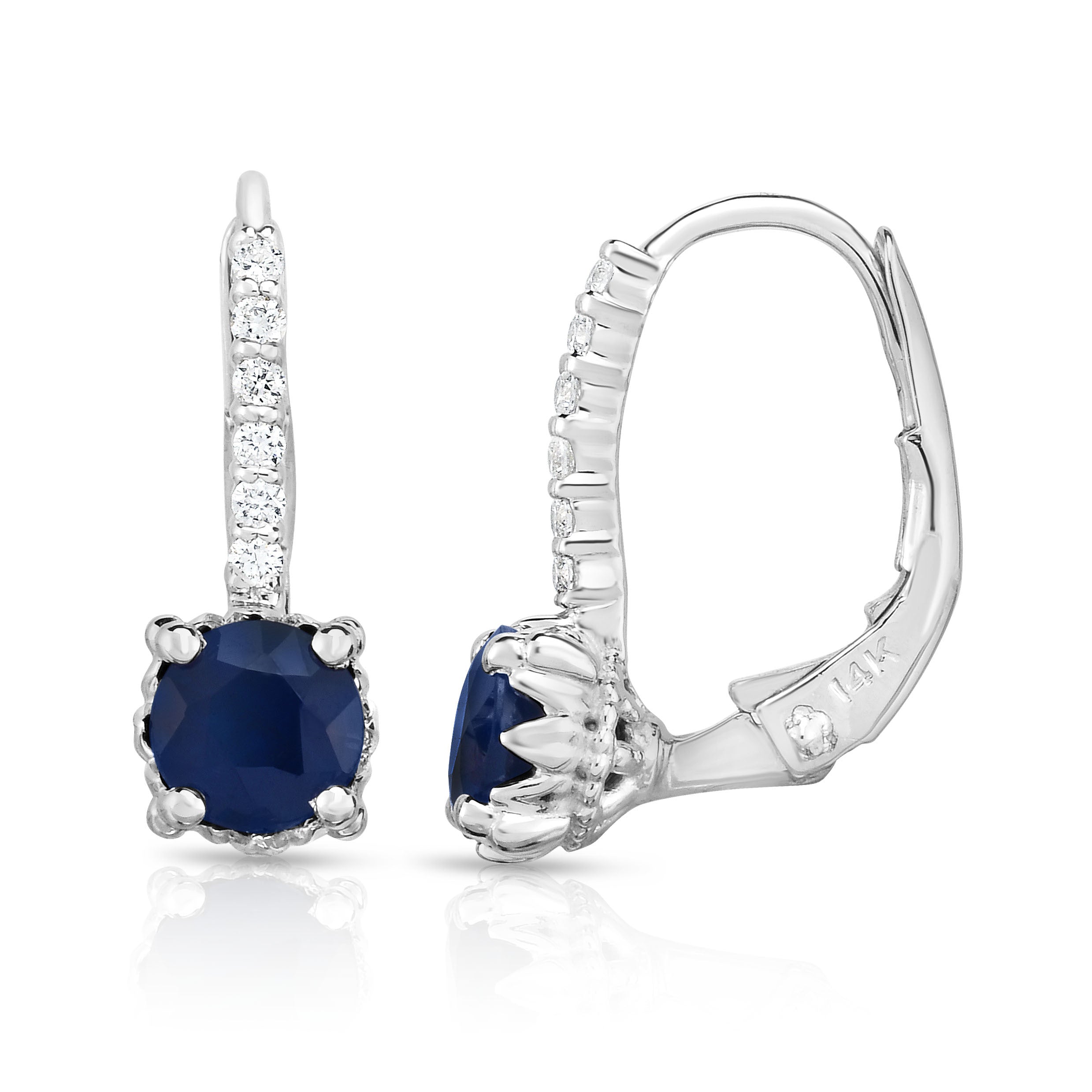 Blue Sapphire & 0.08Ct Diamond Leverback Earrings in 14K White Gold