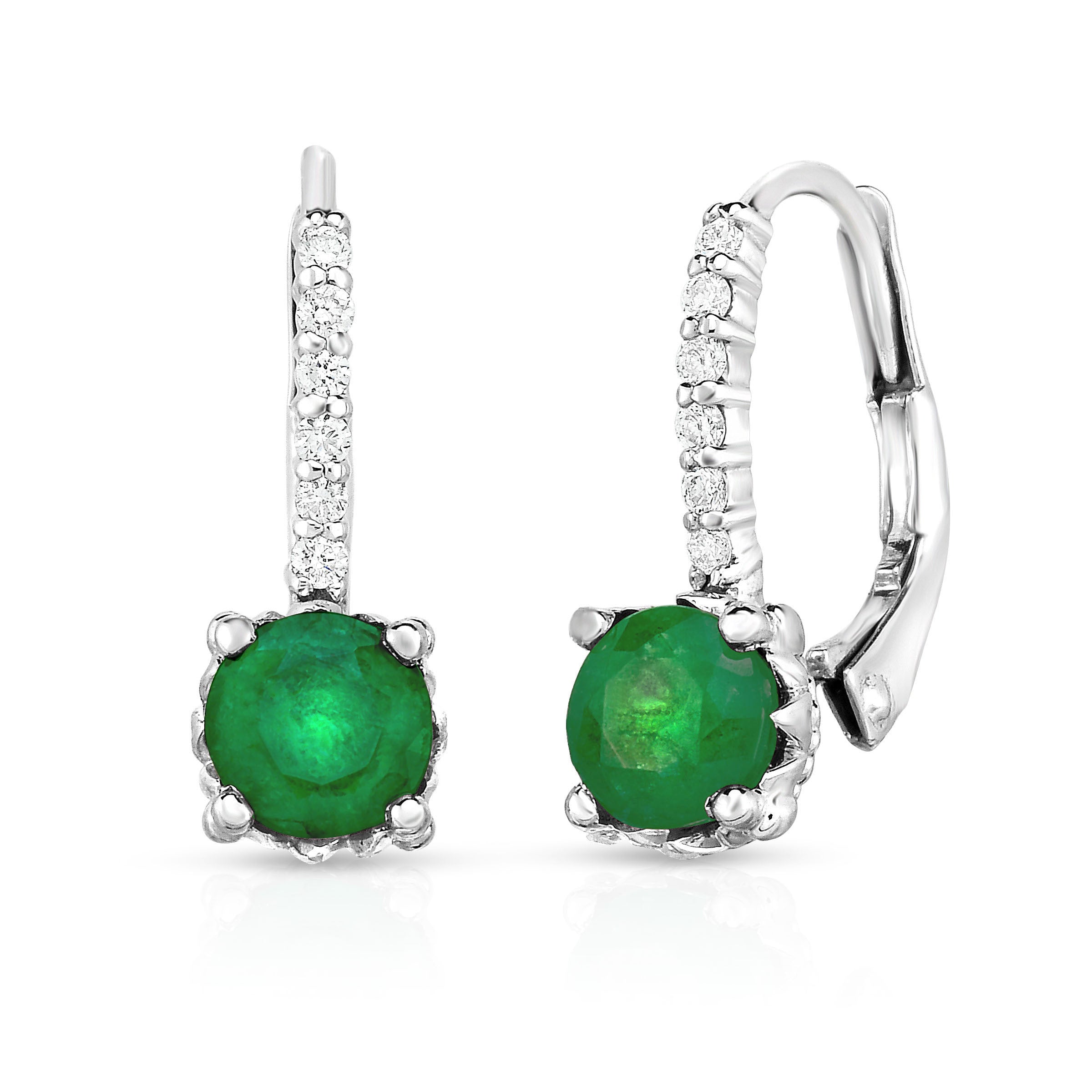 Emerald & 0.08Ct Diamond Leverback Earrings in 14K White Gold