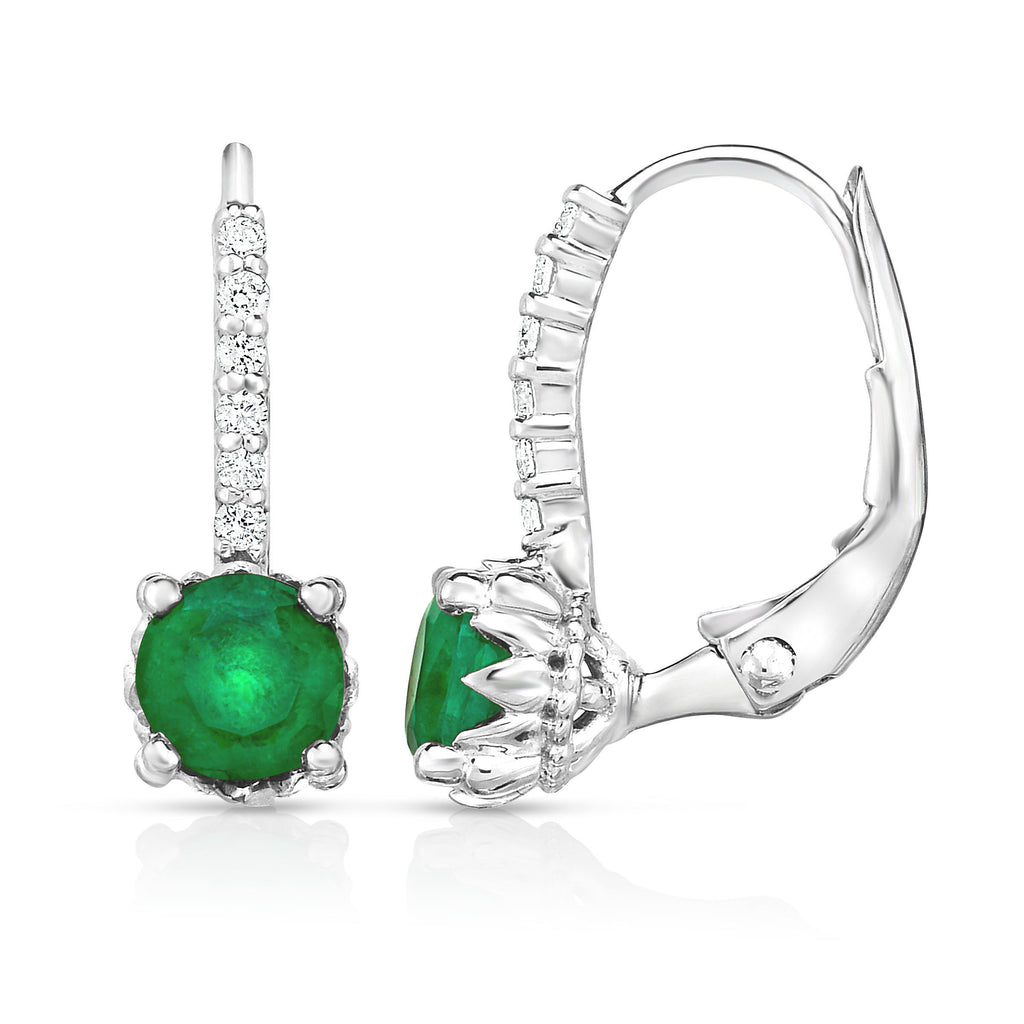 14K White Gold Emerald & Diamond (0.08 Ct,G-H, SI2-I1)   Leverback Earrings