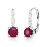 14K White Gold Ruby & Diamond (0.08 Ct, G-H Color, SI2-I1 Clarity) Leverback Earrings