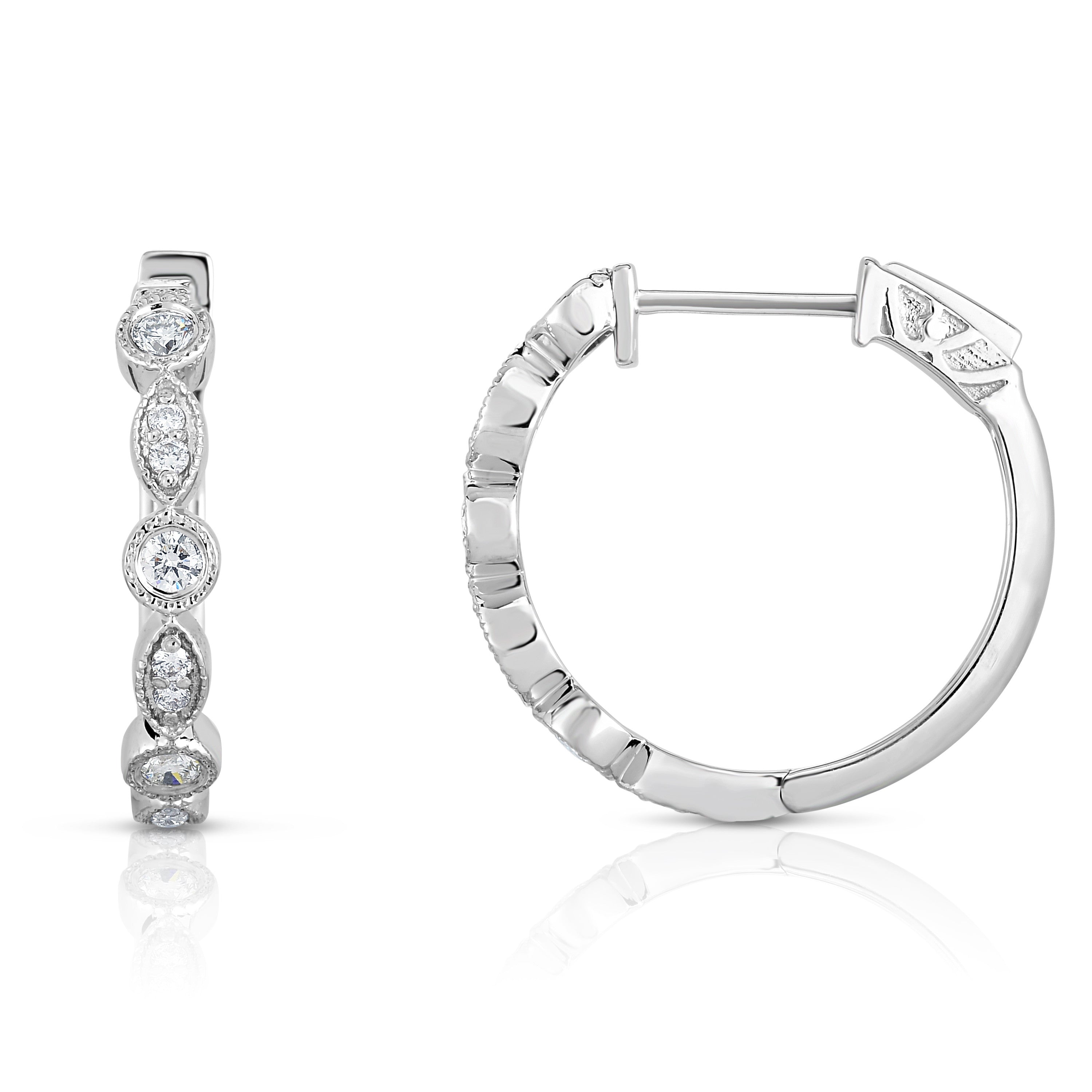 0.38Ct Diamond Milgrain Hoop Earrings in 14K White Gold