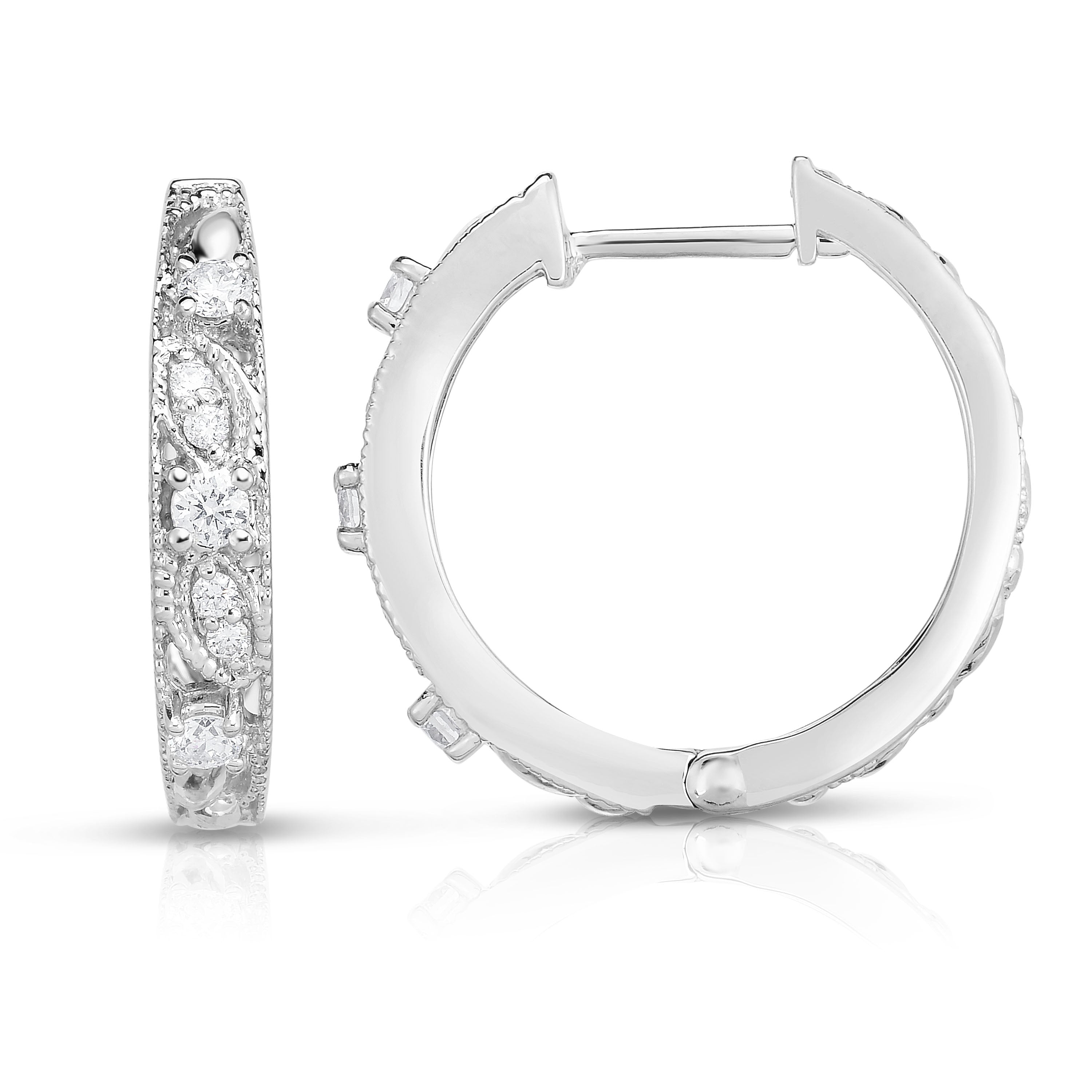 0.33Ct Diamond Milligrain Hoop Earrings in 14K White Gold