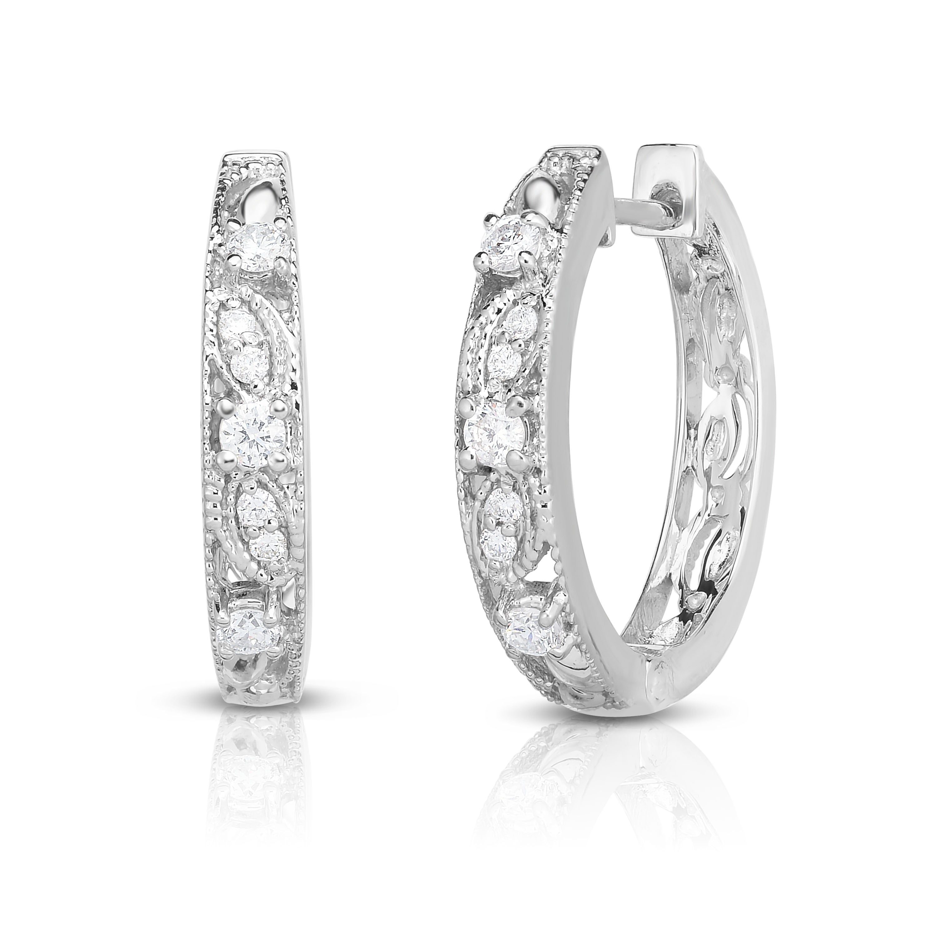 0.33Ct Diamond Milligrain Hoop Earrings in 14K White Gold