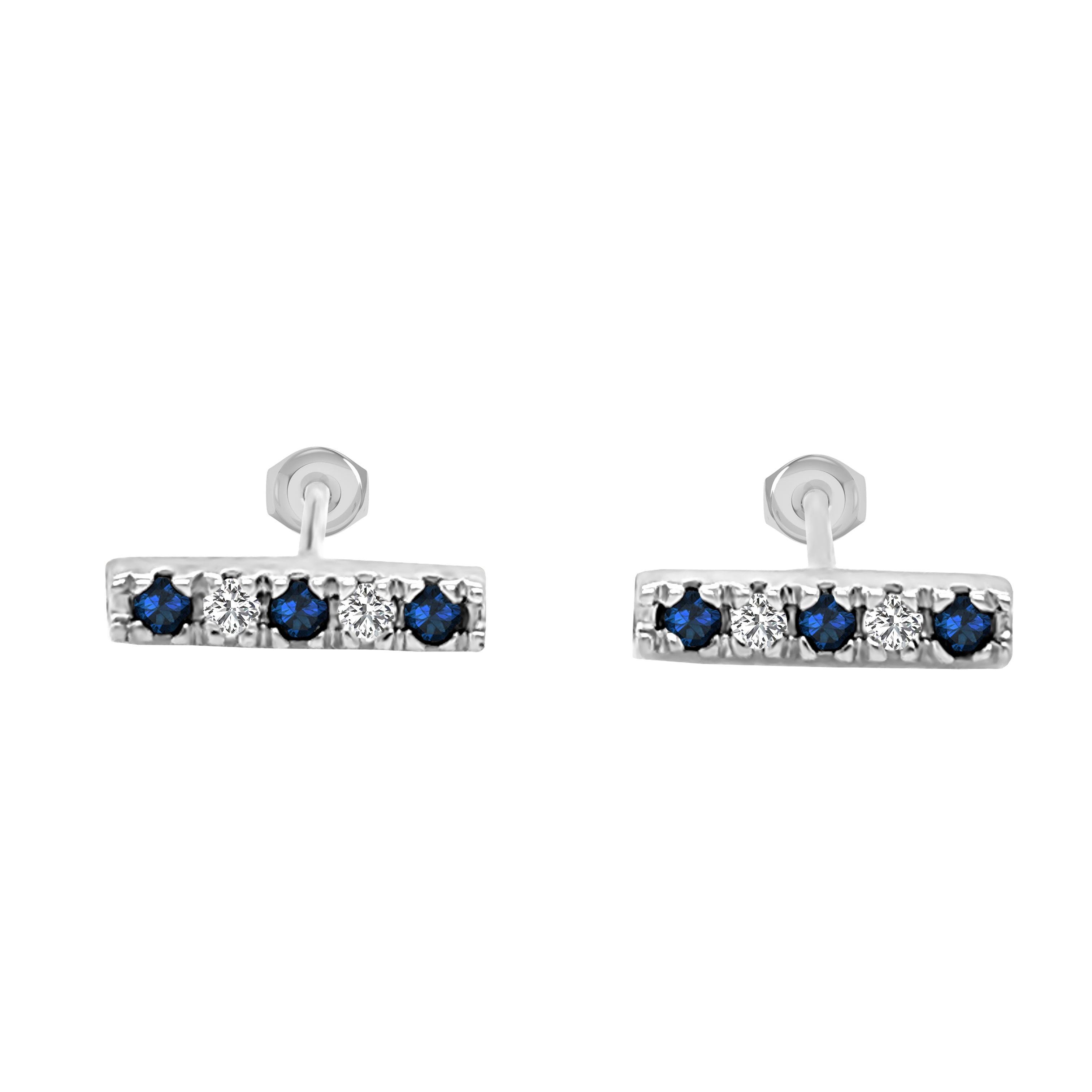 Blue Sapphire & 0.10Ct Diamond Bar Earrings Special in 14K Gold