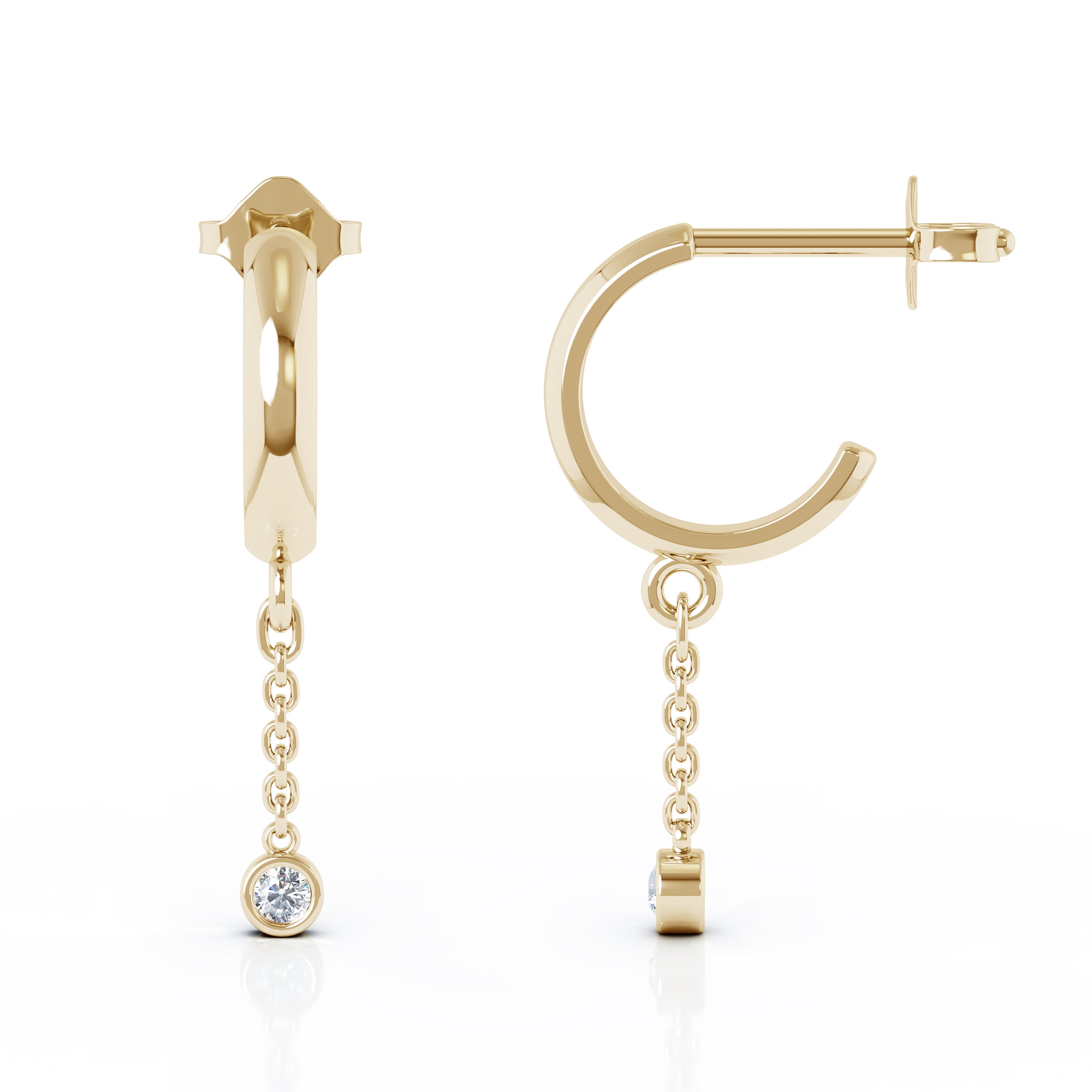 Bezel Set 0.20Ct Diamond Huggie Chain Earrings in 14K Gold