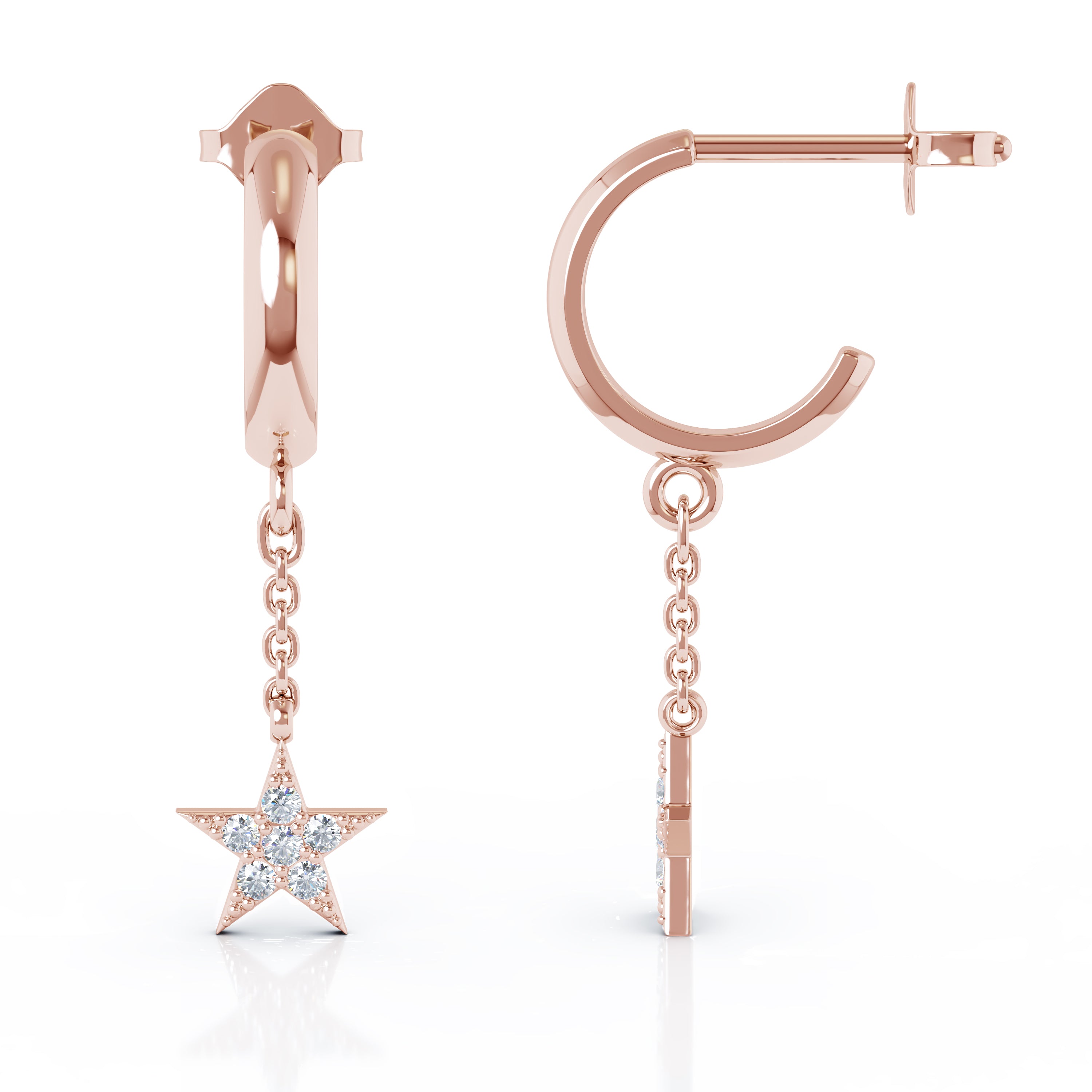 0.18Ct Diamond Star Huggie Chain Earrings in 14K Gold