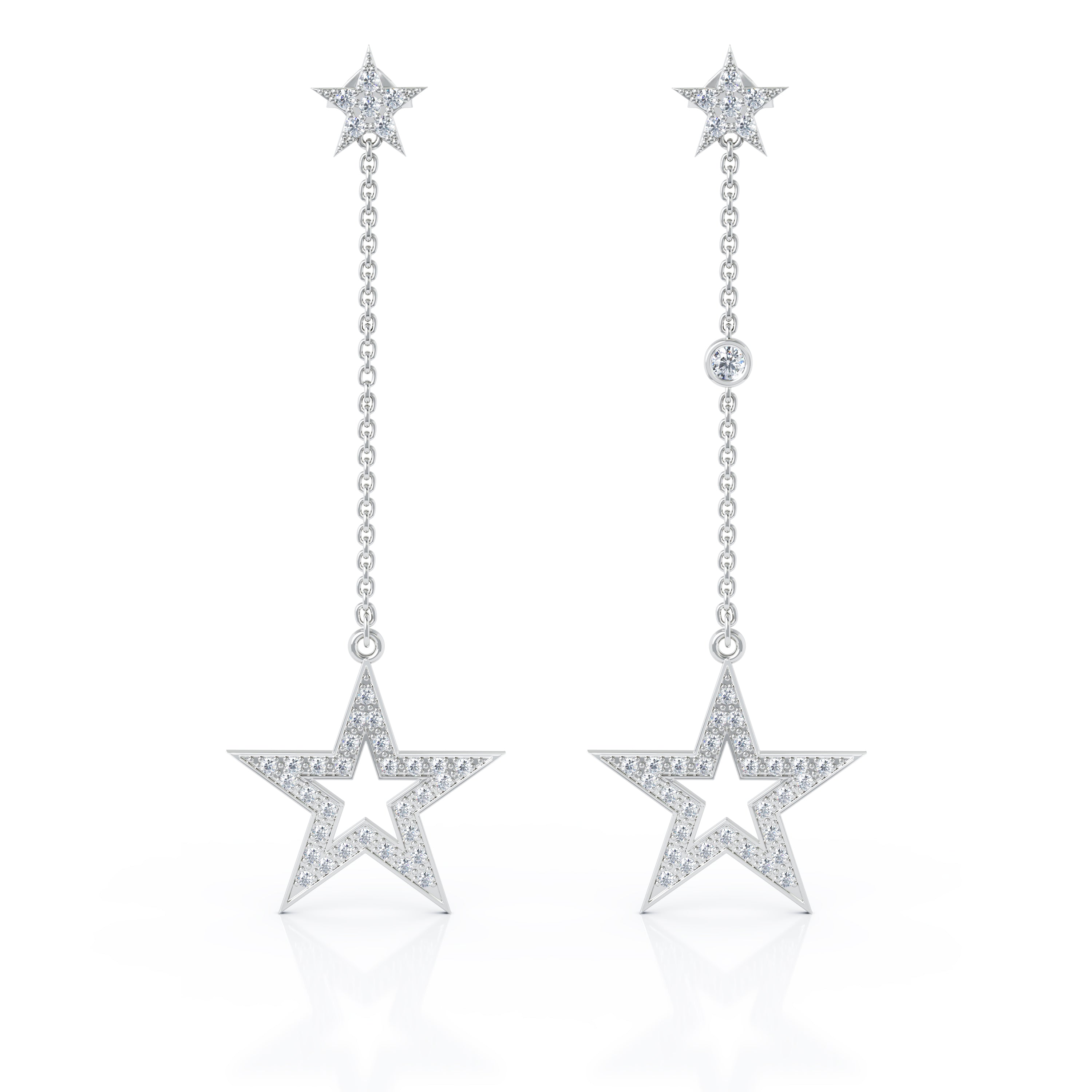 0.75Ct Diamond Star Mismatched Drop Chain Earrings in 14K Gold