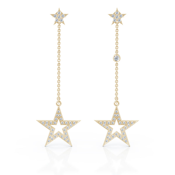 14K Gold Diamond Star Mismatched Drop Chain Earrings (0.75 Ct, G-H, SI2-I1)