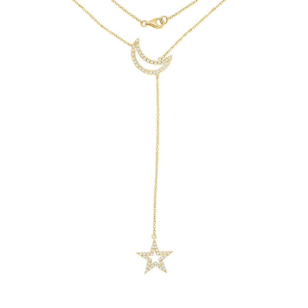 0.55Ct Diamond Star & Moon Necklace, 18"-20" in 14K Gold