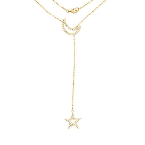 14K Gold Diamond (0.55 Ct, G-H Color, I1-I2 Clarity) Star & Moon Necklace, 18