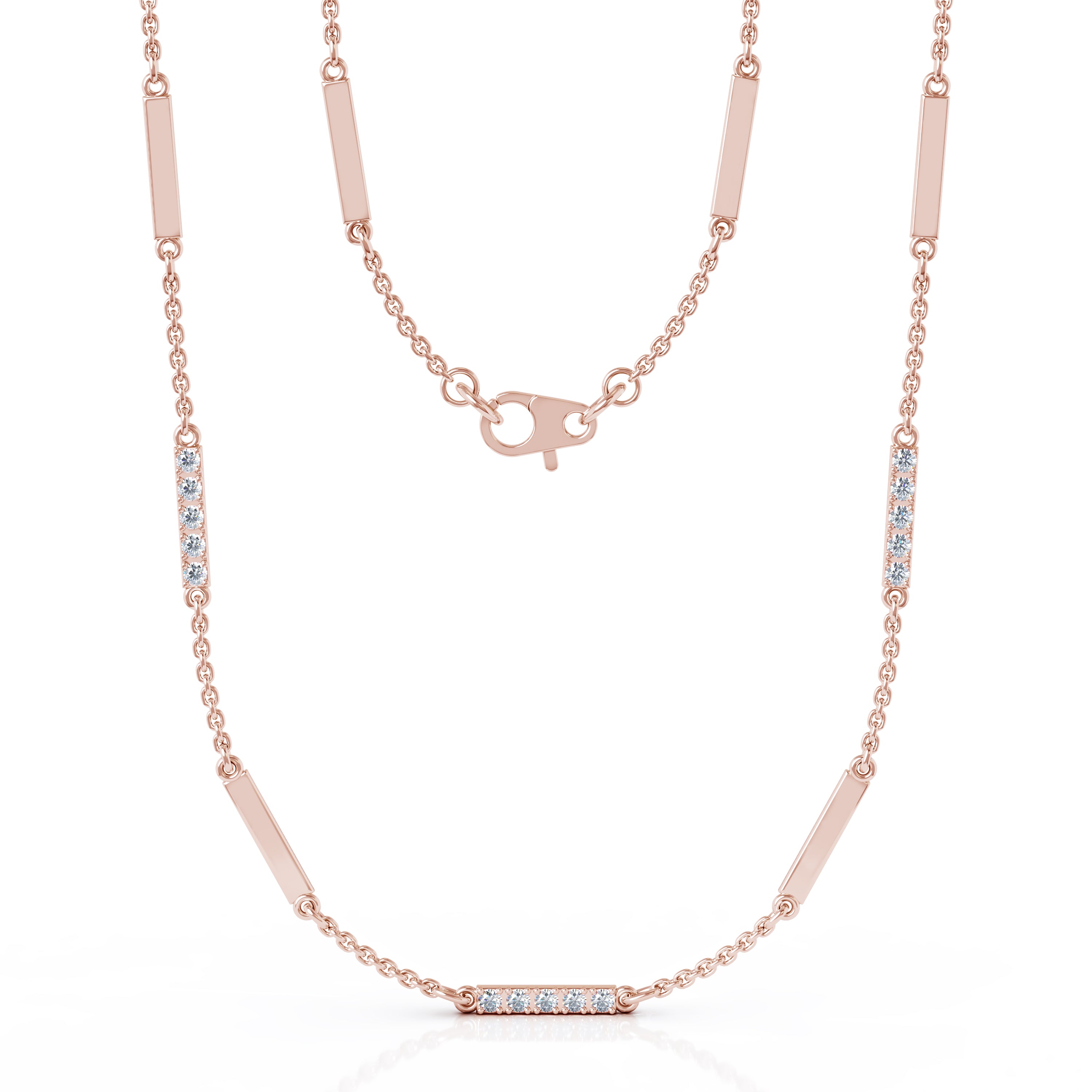 0.55Ct Diamond & Gold Bar Chain Station Necklace, 26" in 14K Gold