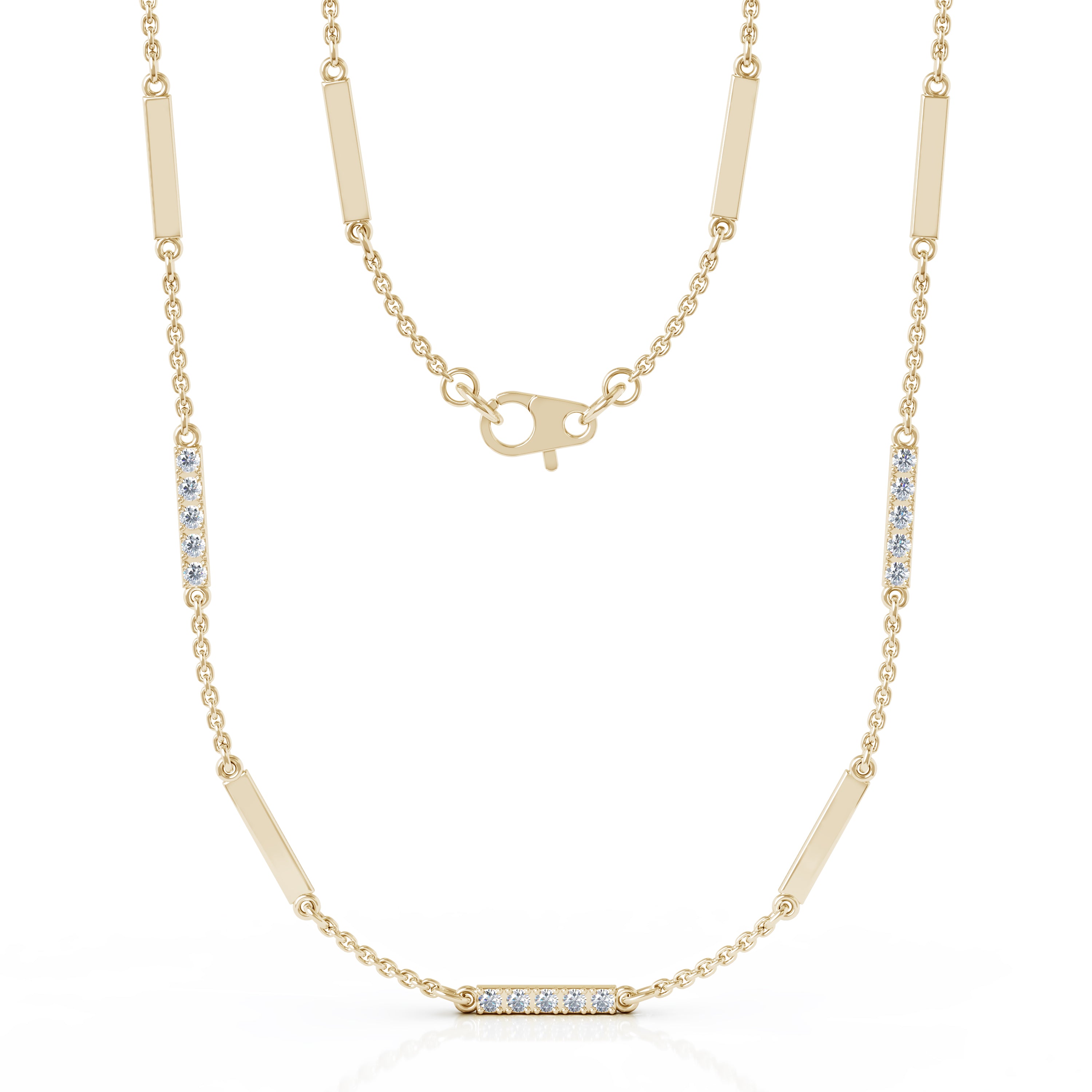 0.55Ct Diamond & Gold Bar Chain Station Necklace, 26" in 14K Gold