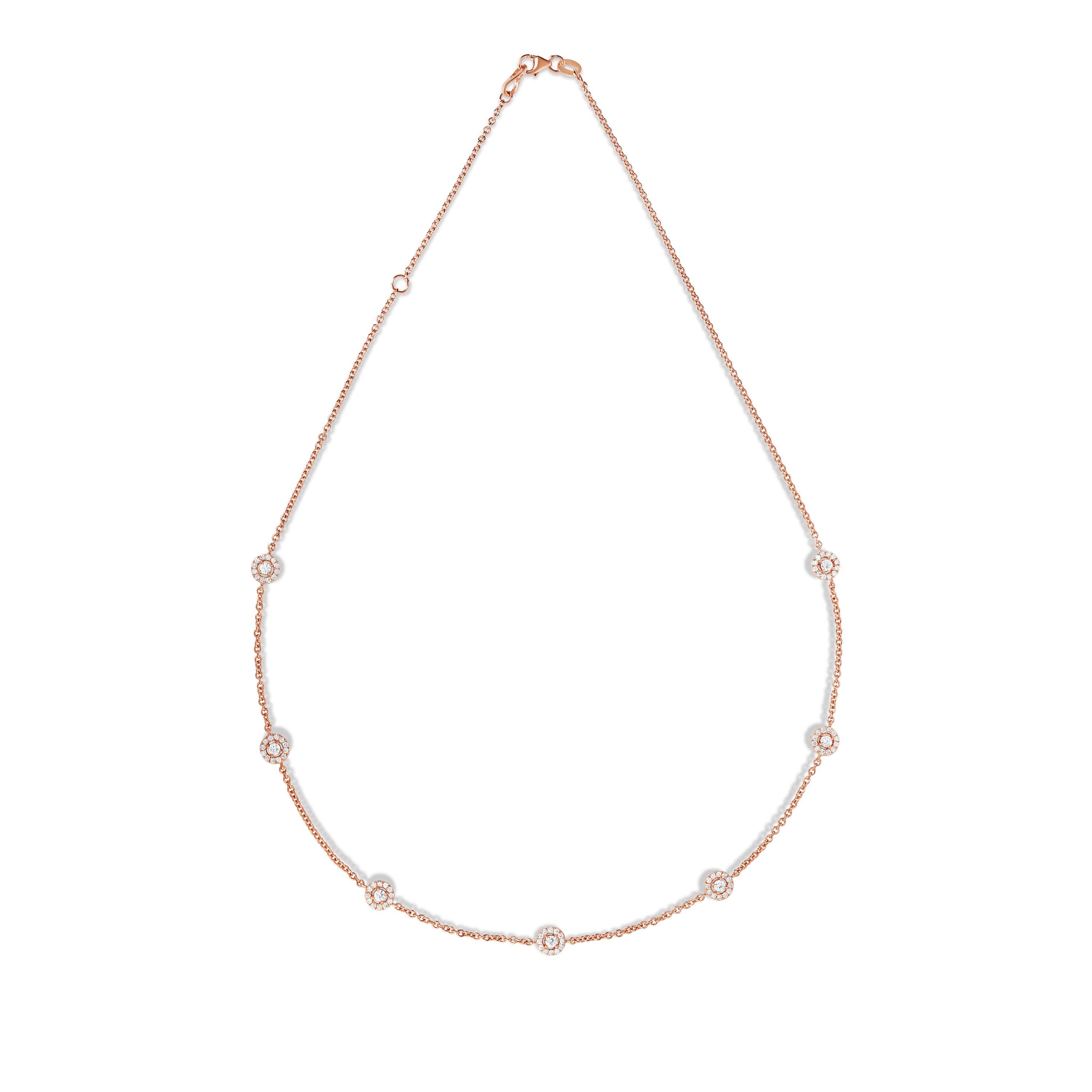 7 Station 1.70Ct Diamond Cluster Necklace, 16"-18" in 14K Rose Gold