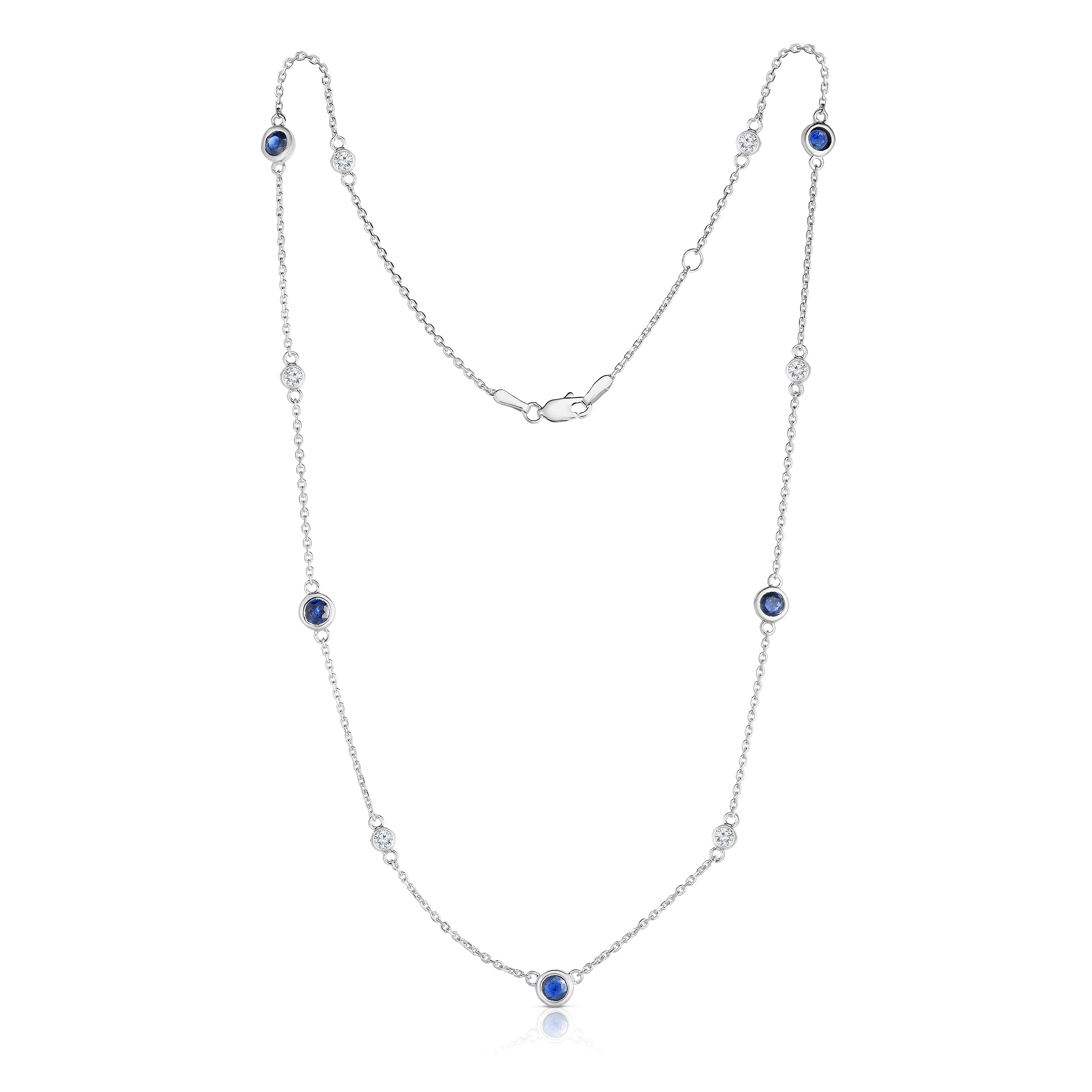 11 Station Blue Sapphire & 0.30Ct Diamond Necklace, 17-18" Chain in 14K White Gold
