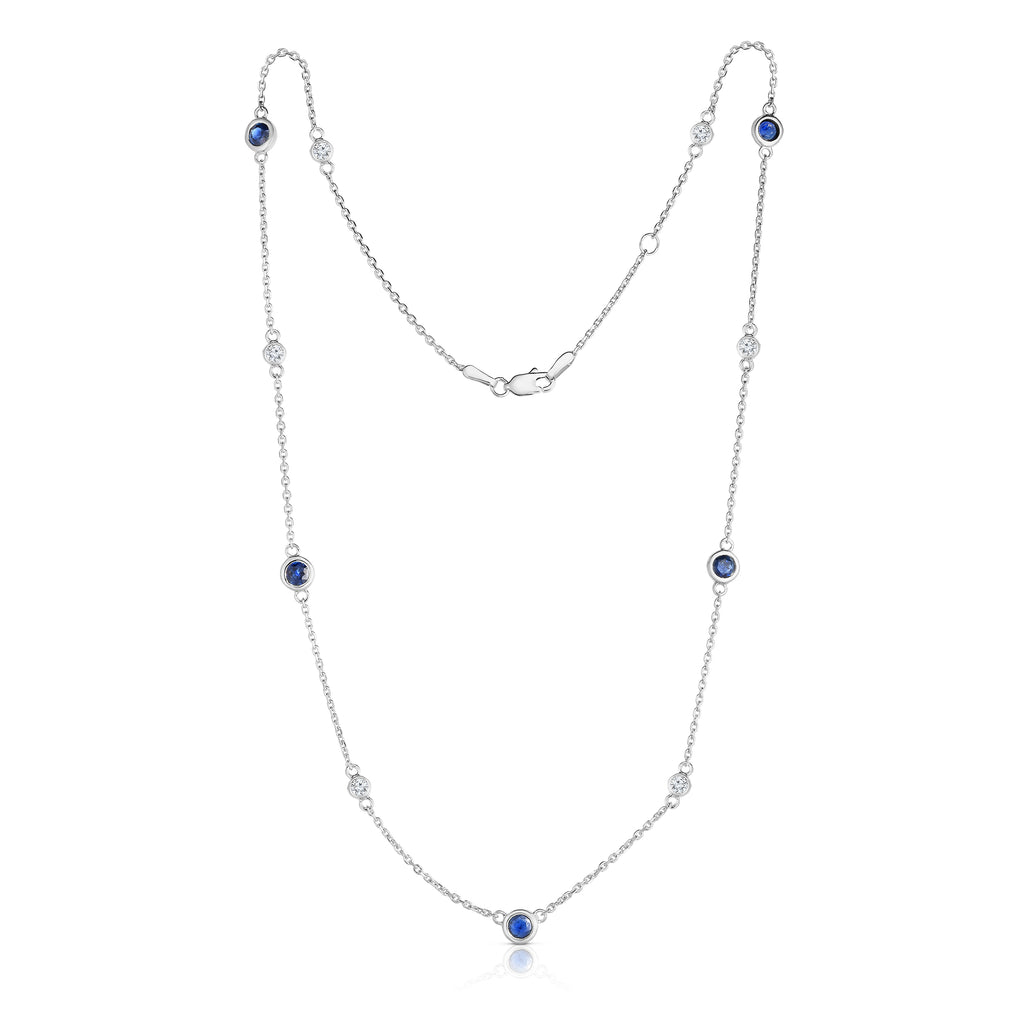 14K White Gold Blue Sapphire & Diamond by 11 Station Necklace (0.30 Ct ...