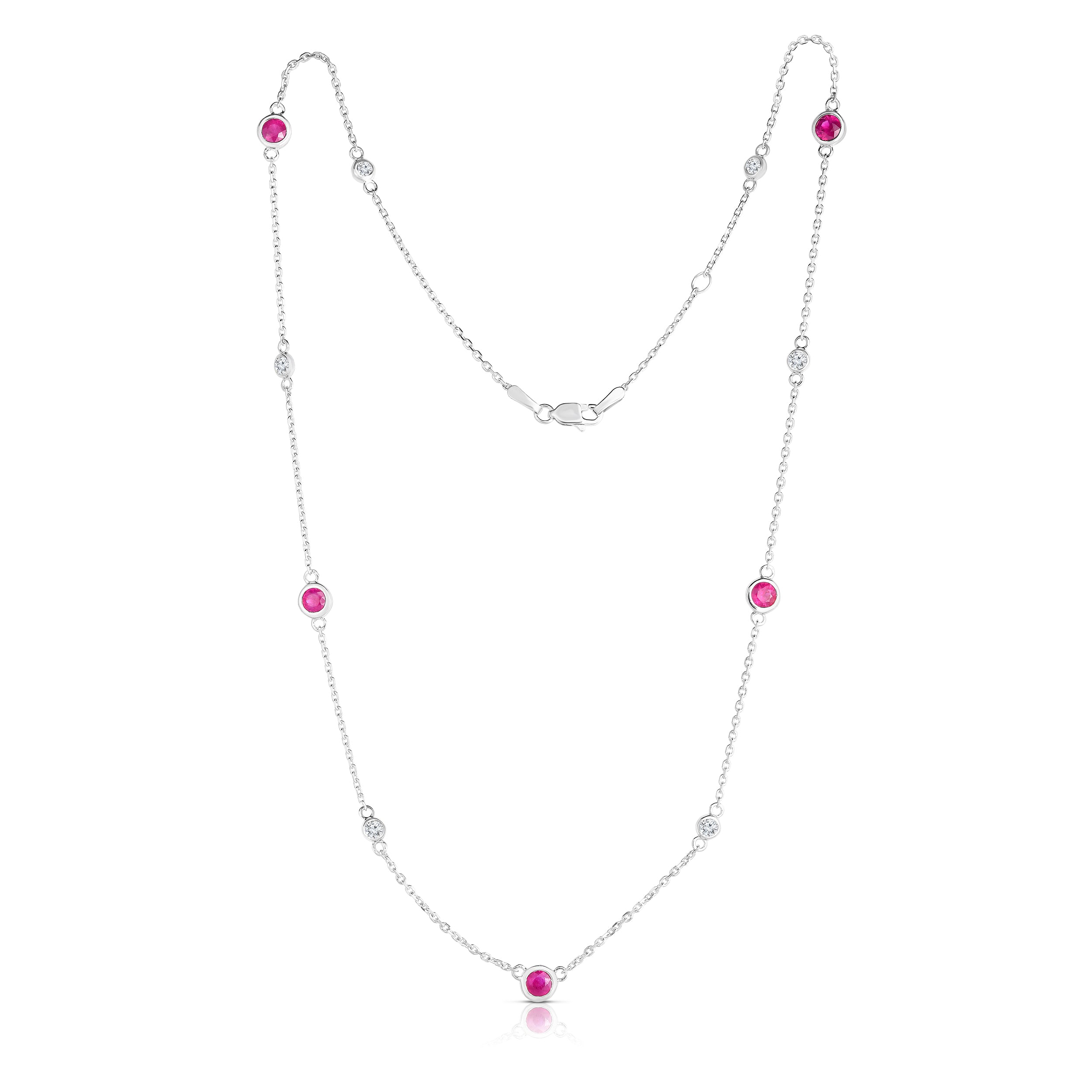 11 Station Ruby & 0.30Ct Diamond Necklace, 17-18" Chain in 14K White Gold