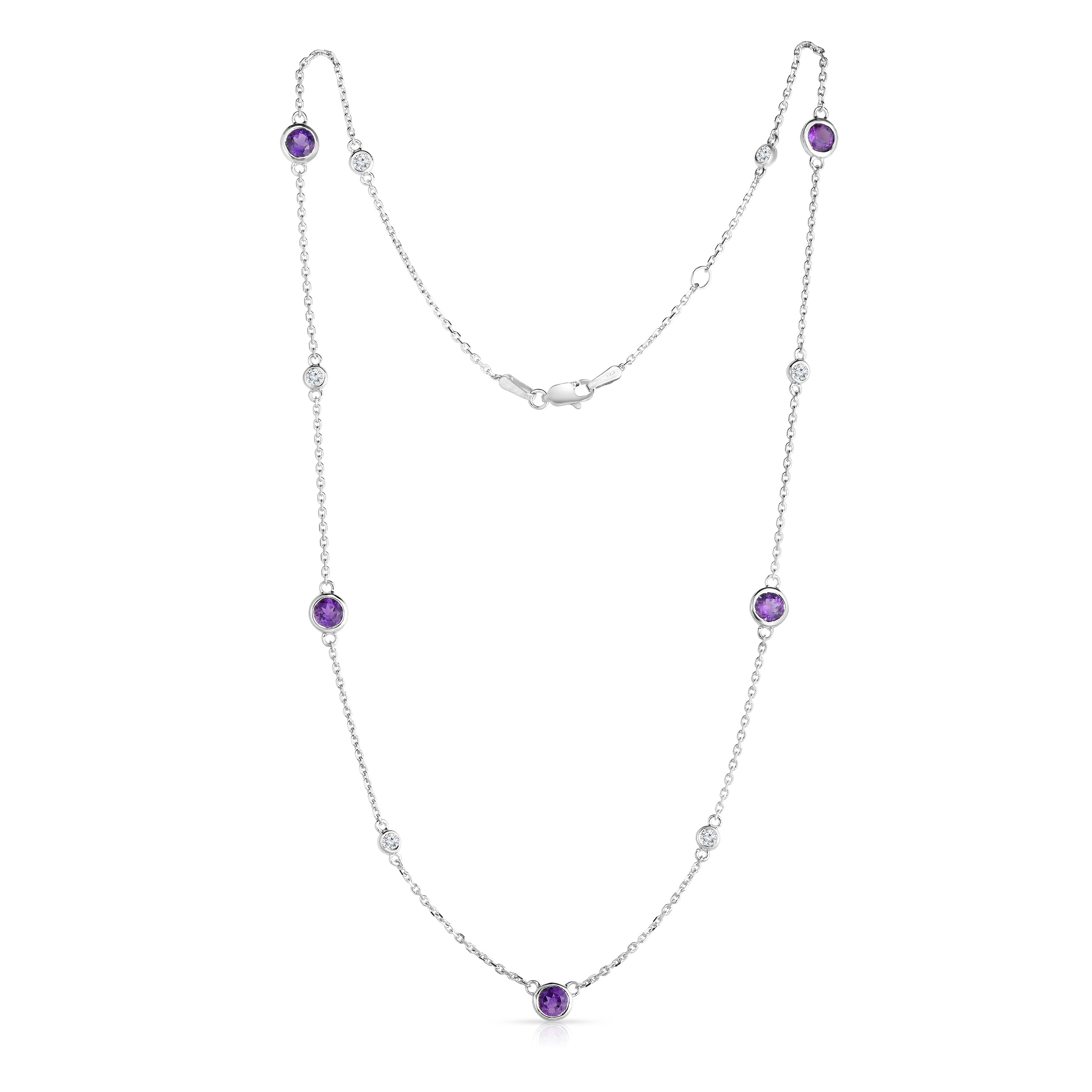 11 Station Amethyst & 0.30Ct Diamond Necklace, 17-18" Chain in 14K White Gold