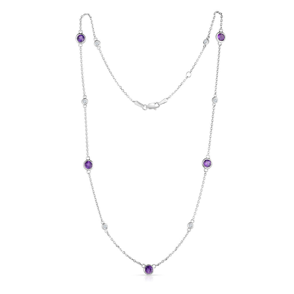 14K White Gold Amethyst & Diamond 11 Station Necklace (0.30 Ct, G-H, SI2-I1), 17-18" Chain