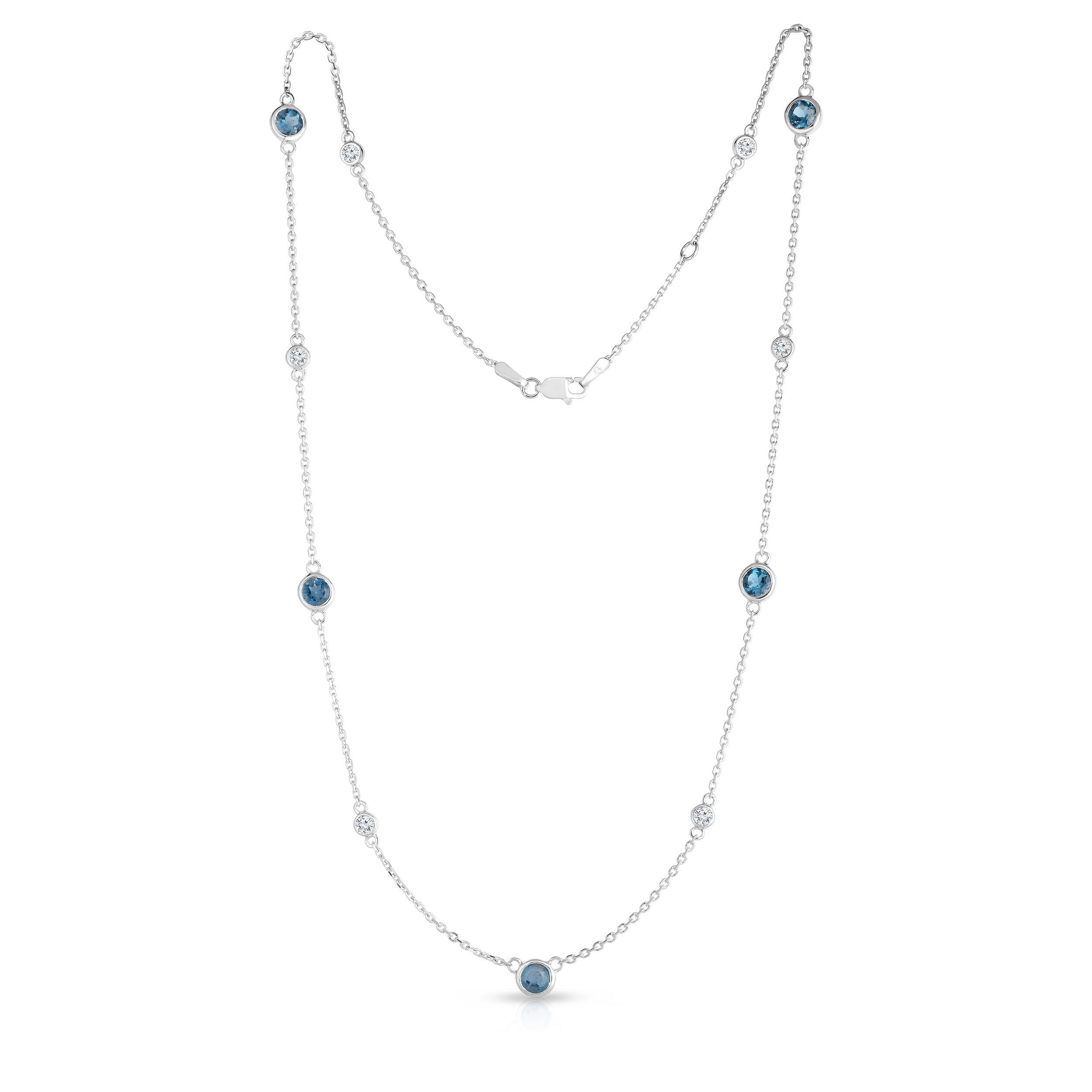 11 Station London Blue Topaz & 0.30Ct Diamond Necklace, 17-18" Chain in 14K White Gold