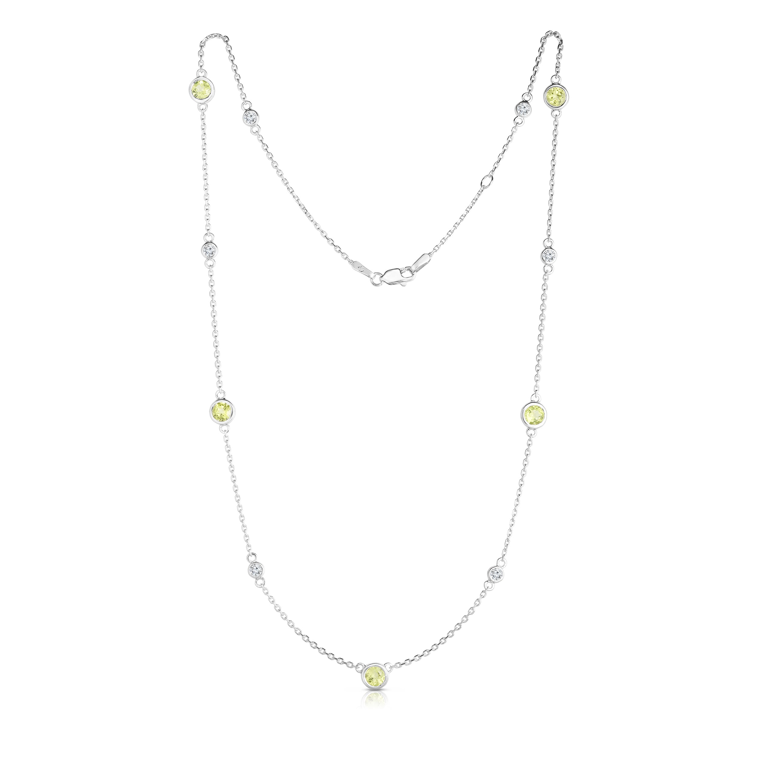 11 Station Peridot & 0.30Ct Diamond Necklace  17-18" Chain in 14K White Gold