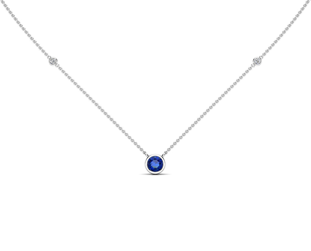 14K Gold Blue Sapphire (5 MM) & Diamond Accent (0.06 Ct, G-H Color, SI2-I1 Clarity) Necklace, 16"-18"