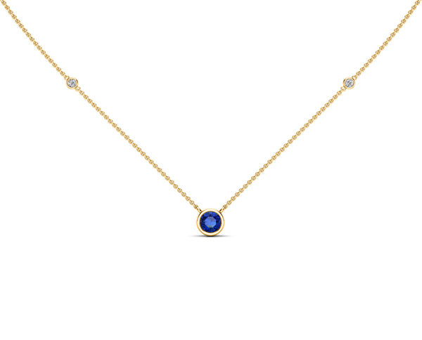 14K Gold Blue Sapphire (5 MM) & Diamond Accent (0.06 Ct, G-H Color, SI2-I1 Clarity) Necklace, 16