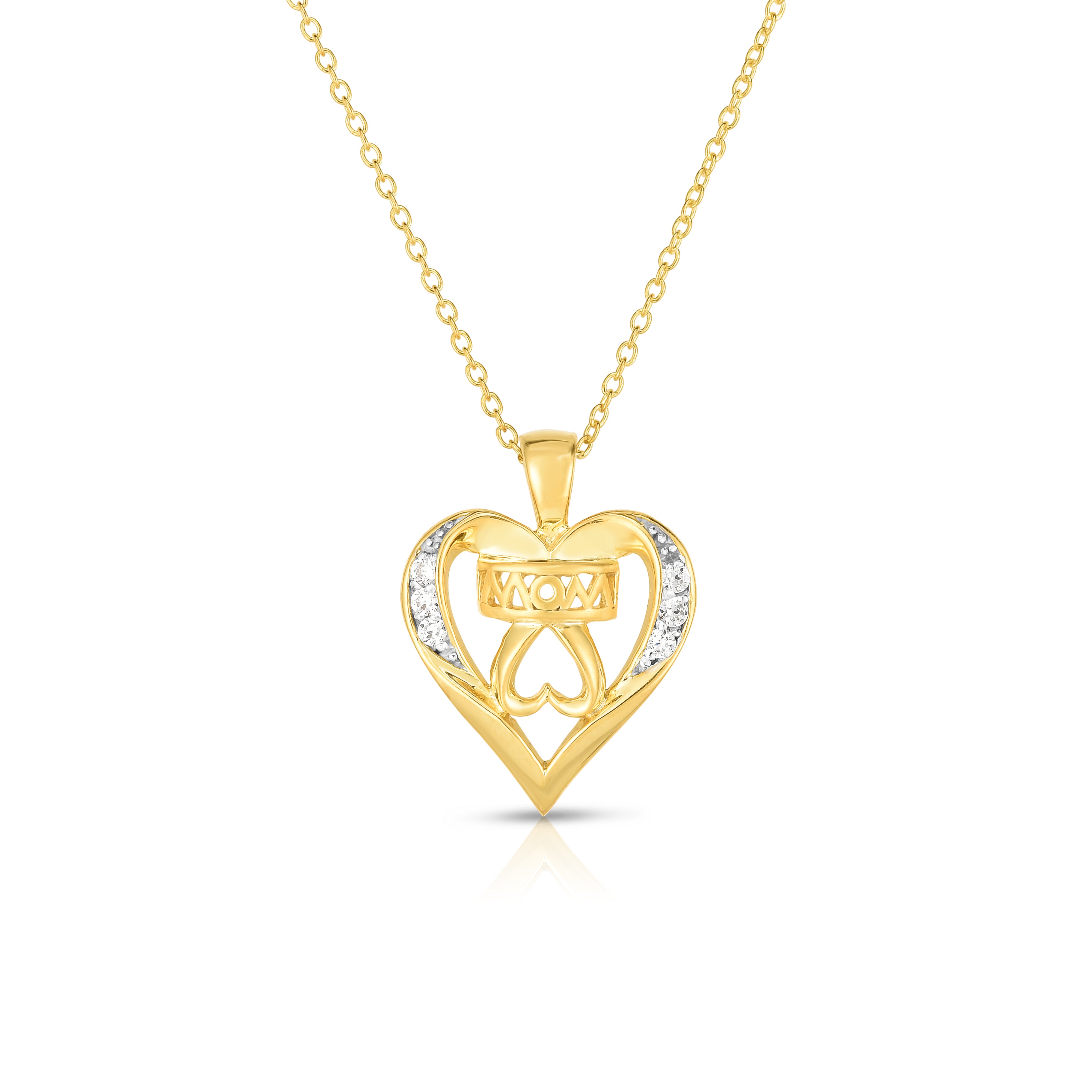 0.05Ct Diamond Mom Double Heart Pendant, 18" Gold Chain in 14K Gold