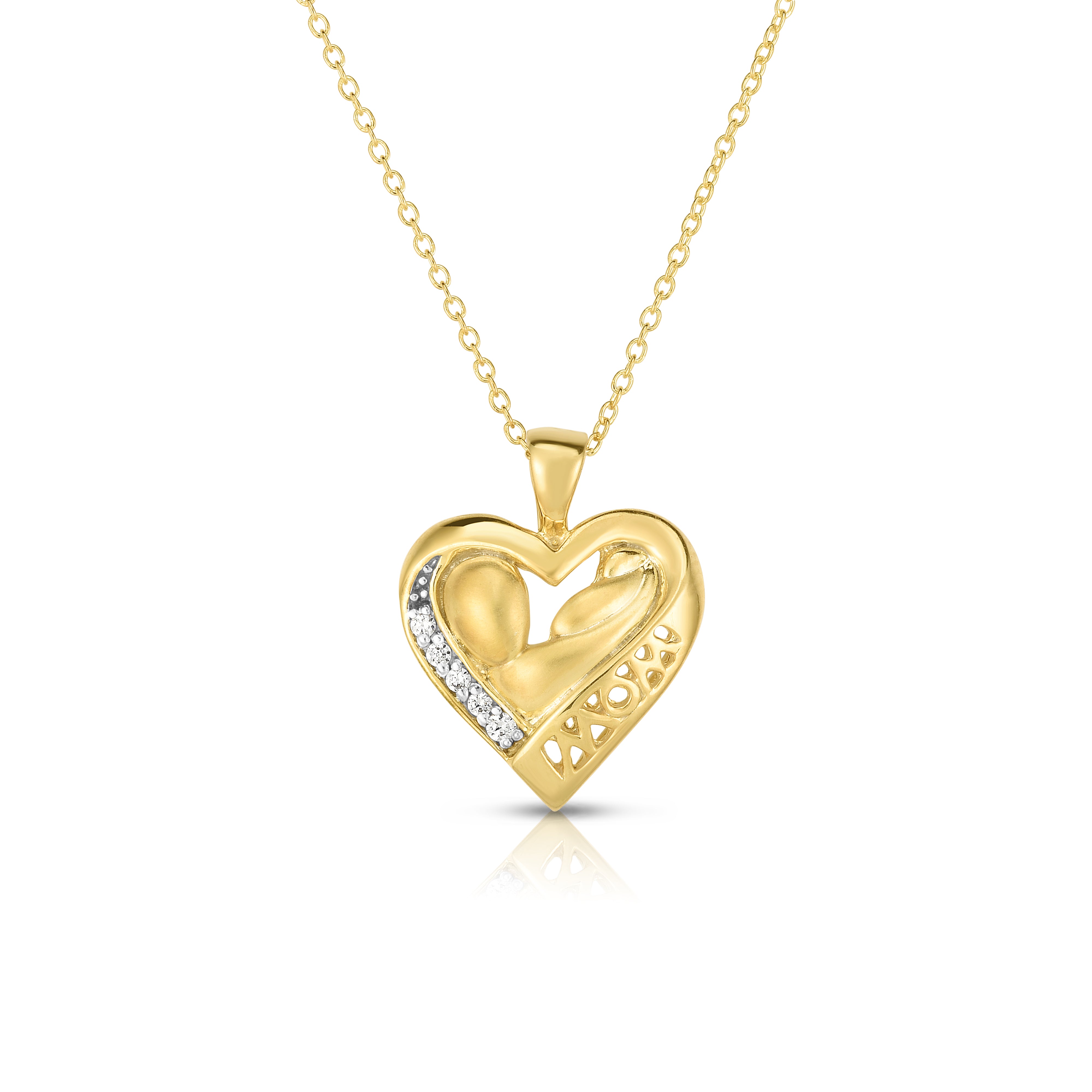 0.05Ct Diamond Mother & Child Heart Pendant, 18" Gold Chain in 14K Gold