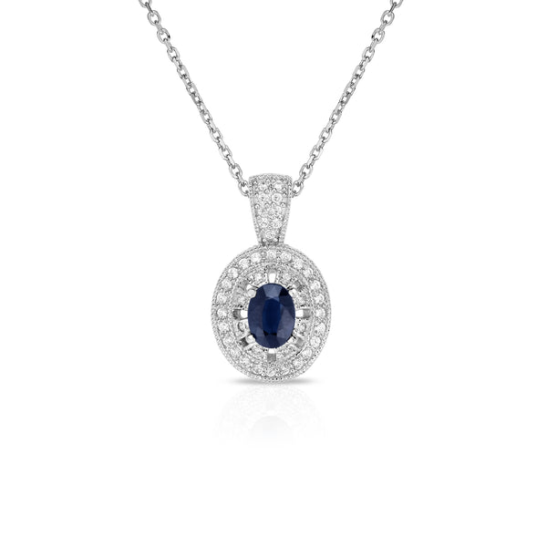 14K White Gold Oval Blue Sapphire & Diamond (0.40 Ct, G-H Color, SI2-I1 Clarity) Pendant, 18