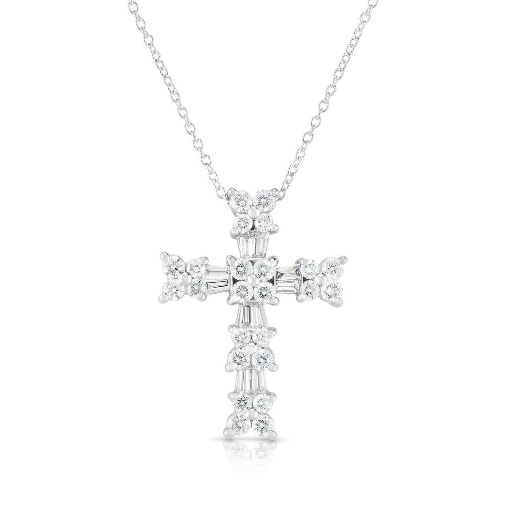 14K White Gold Diamond (1.10 Ct, G-H Color, SI2-I1 Clarity) Cross Pendant With 18" Gold Chain
