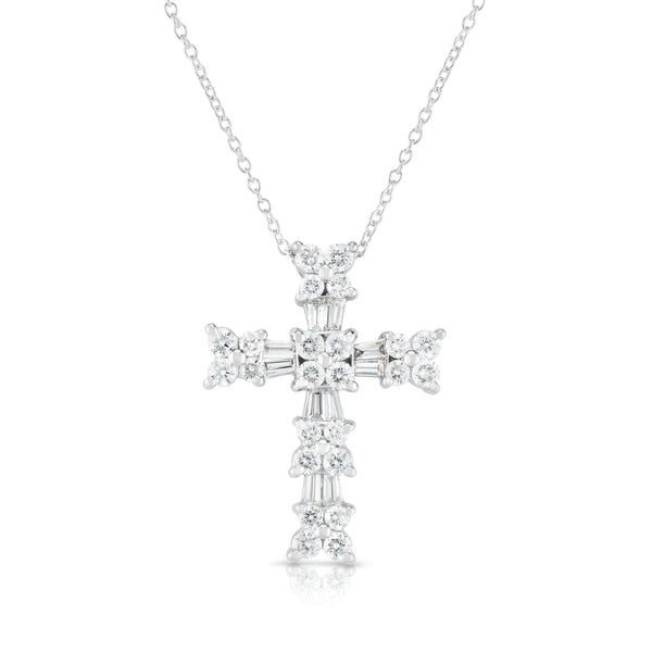 14K White Gold Diamond (1.10 Ct, G-H Color, SI2-I1 Clarity) Cross Pendant With 18