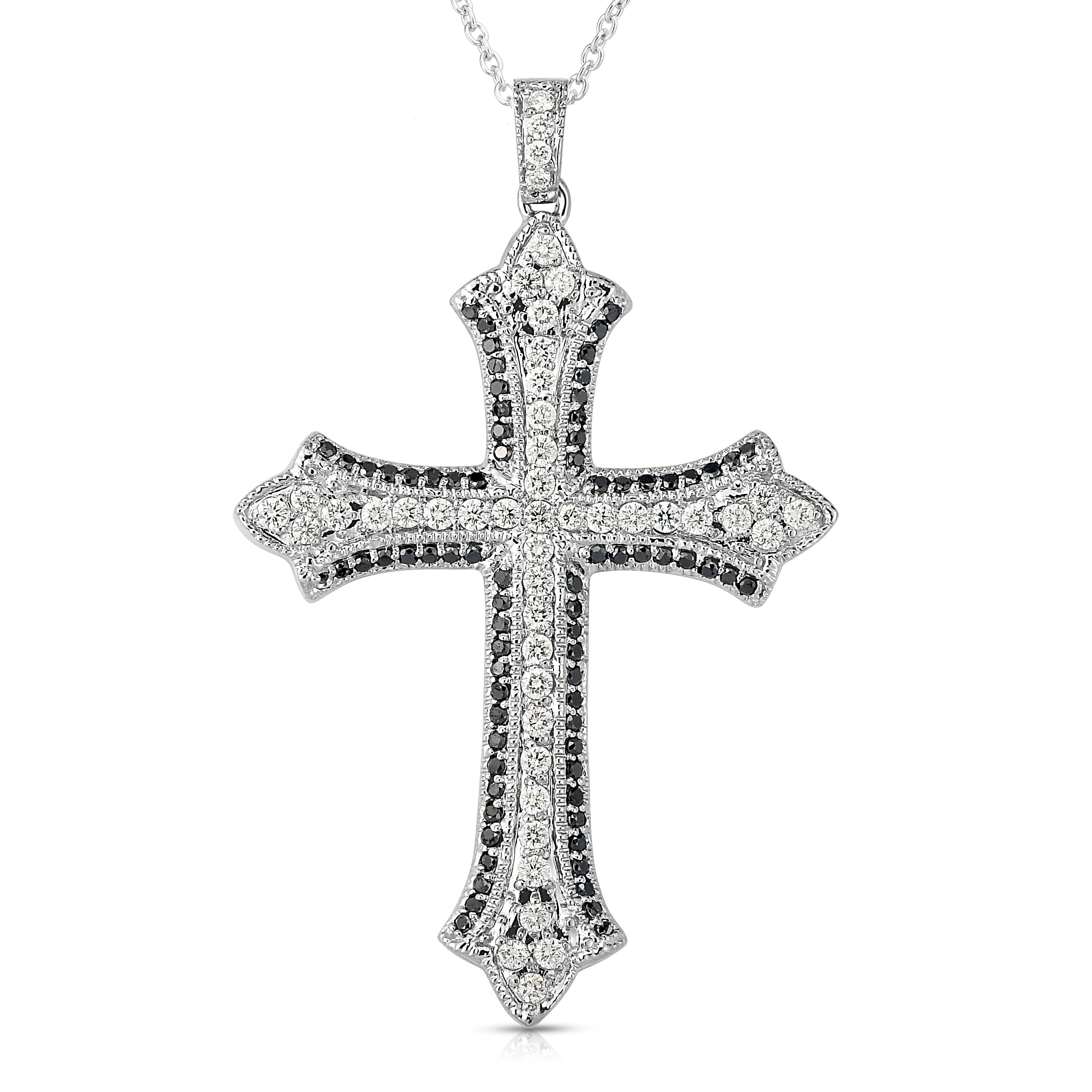 1.50Ct Black & White Diamond Cross Pendant in 14K White Gold