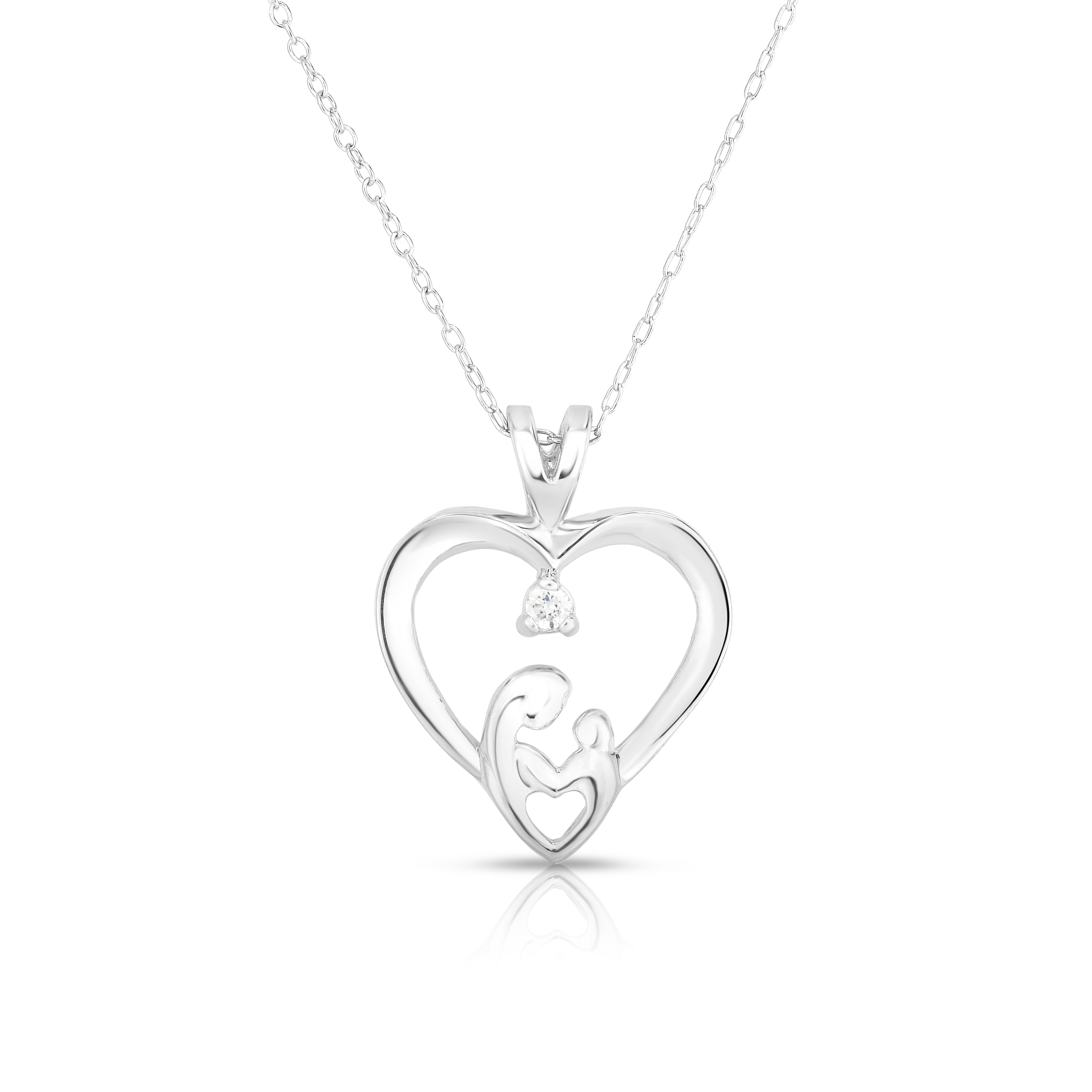 0.05 Ct Diamond Mother & Child Heart Pendant, 18" Gold Chain in 14K Gold