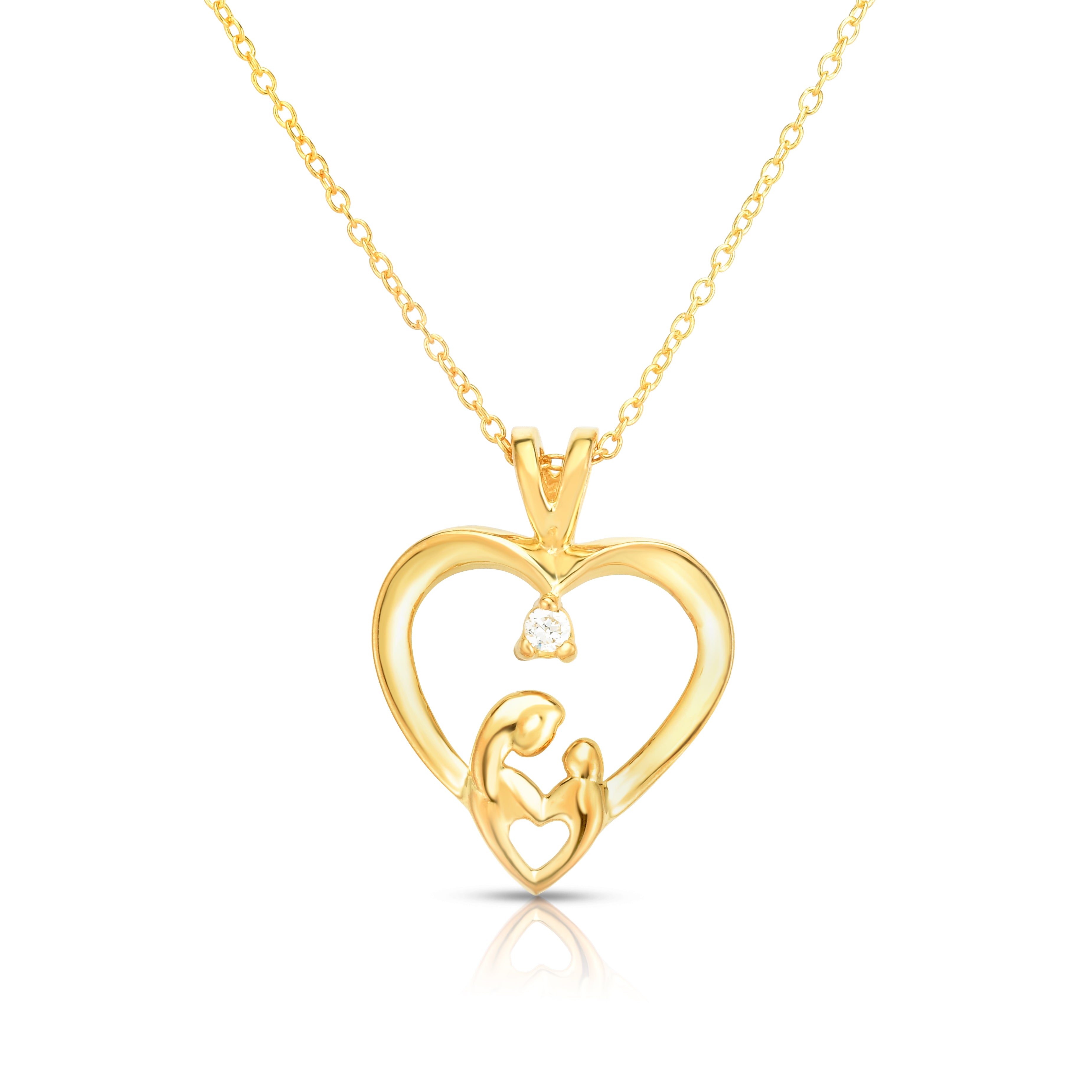 0.05 Ct Diamond Mother & Child Heart Pendant, 18" Gold Chain in 14K Gold