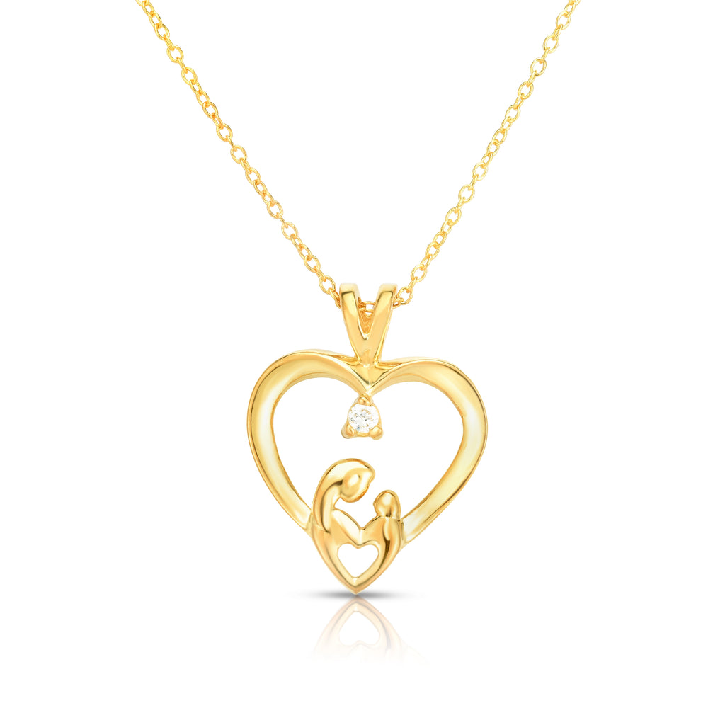 14k Gold Diamond (0.05 Ct, G-H Color, SI2-I1 Clarity) Mother & Child Heart Pendant, 18" Gold Chain