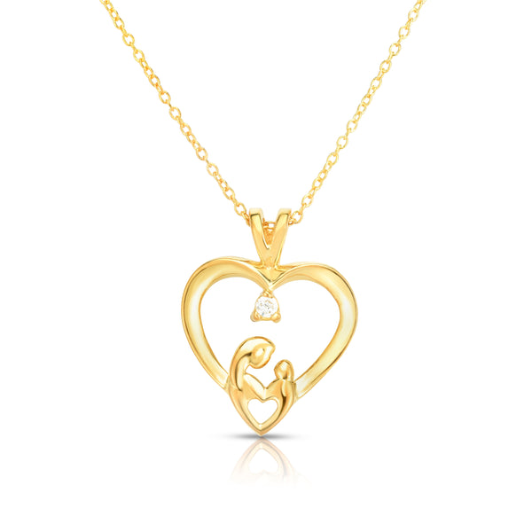 14k Gold Diamond (0.05 Ct, G-H Color, SI2-I1 Clarity) Mother & Child Heart Pendant, 18