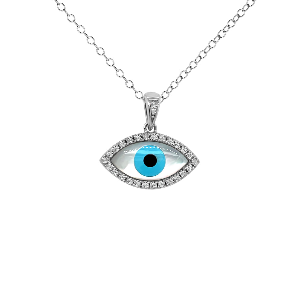 white gold evil eye necklace with diamonds