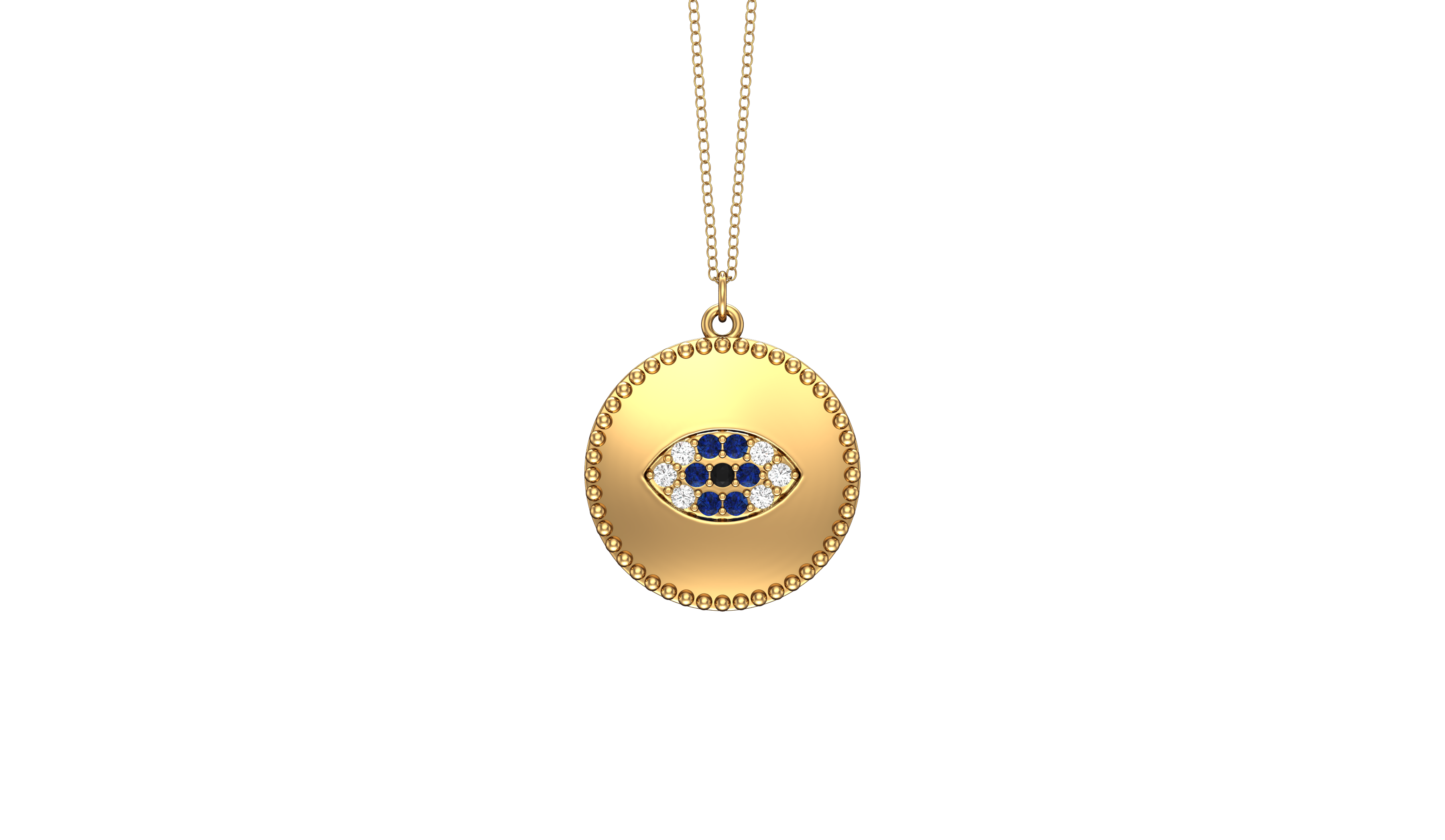 0.10Ct Diamond Evil Eye Disc Pendant, 18" Gold Chain in 14K Gold