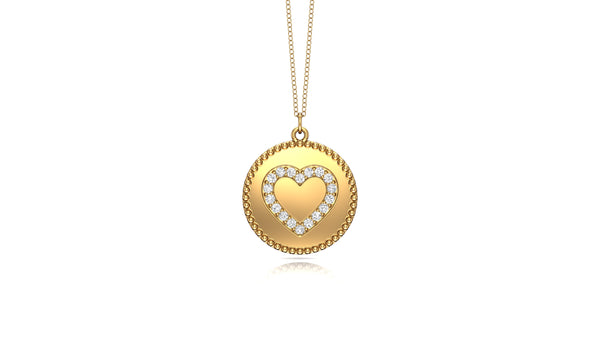 14K Gold Diamond (0.14 Ct, G-H Color, SI2-I1 Clarity) Heart Disc Pendant, 18