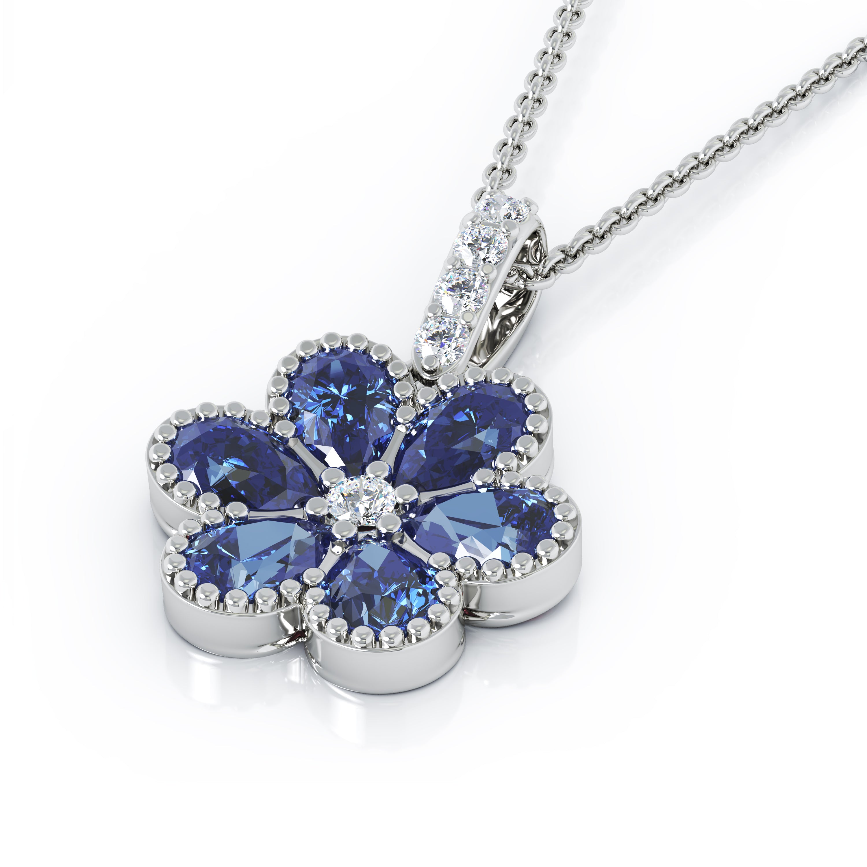 14K Gold Gemstone & Diamond Cluster Flower Pendant, 18" Gold Chain