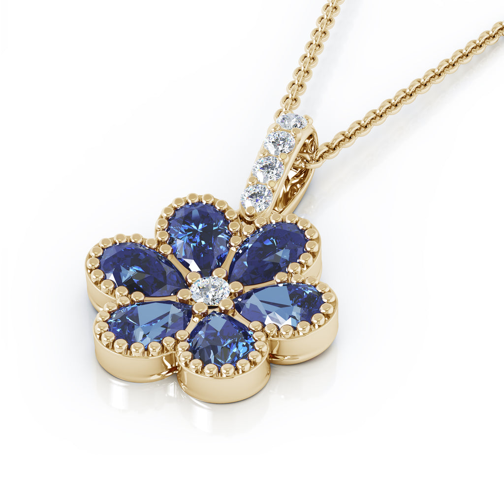 14K Gold Blue Sapphire & Diamond Cluster Flower Pendant, 18\