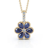 14K Gold Blue Sapphire & Diamond Cluster Flower Pendant, 18" Gold Chain
