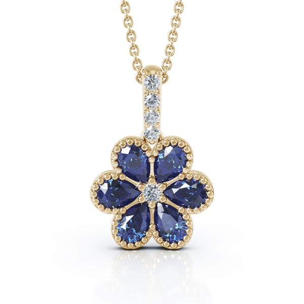 14K Gold Blue Sapphire & Diamond Cluster Flower Pendant, 18