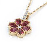 14K Gold Ruby & Diamond Cluster Flower Pendant, 18" Gold Chain
