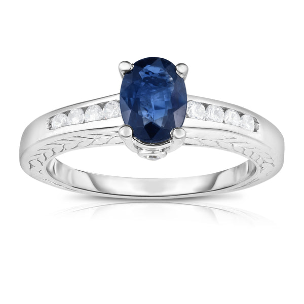 14K White Gold Oval Blue Sapphire & Diamond (0.20 Ct, G-H Color, SI2-I1 Clarity) Ring